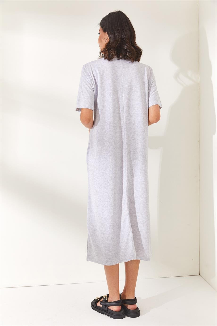 Yanı Yırtmaçlı Oversize Pamuk Elbise Gri