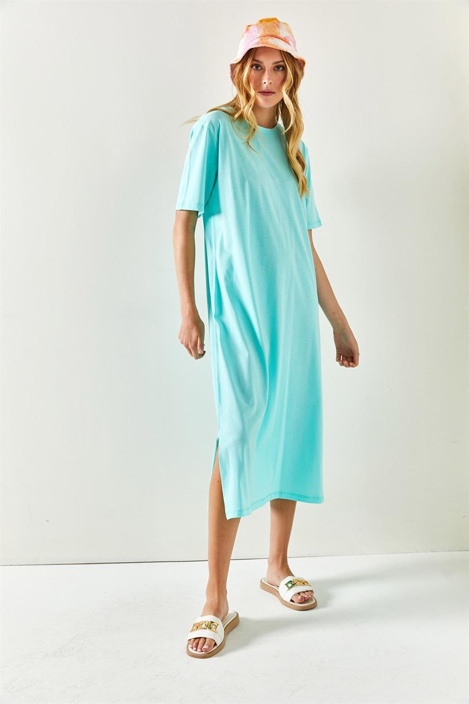 Yanı Yırtmaçlı Oversize Pamuk Elbise Mint Yeşili