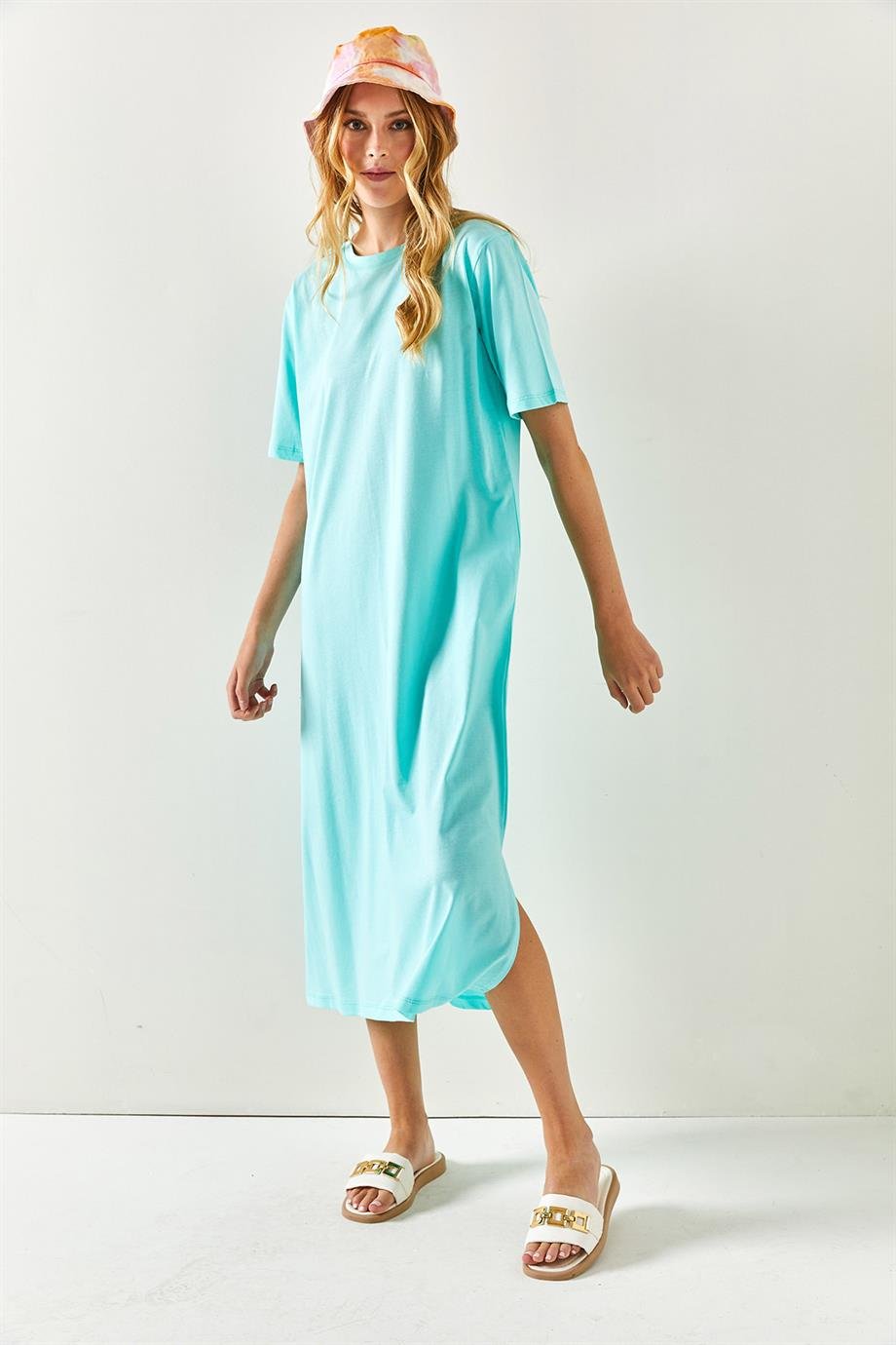 Yanı Yırtmaçlı Oversize Pamuk Elbise Mint Yeşili