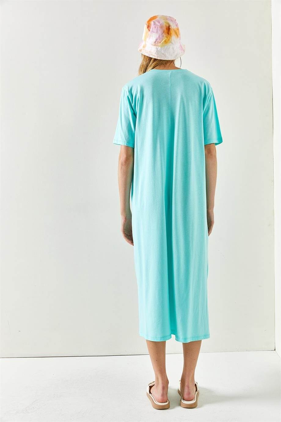 Yanı Yırtmaçlı Oversize Pamuk Elbise Mint Yeşili