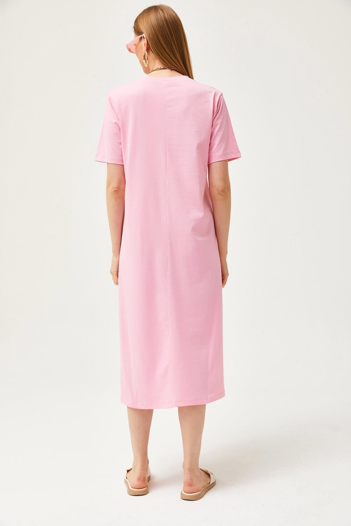 Yanı Yırtmaçlı Oversize Pamuk Elbise Pembe
