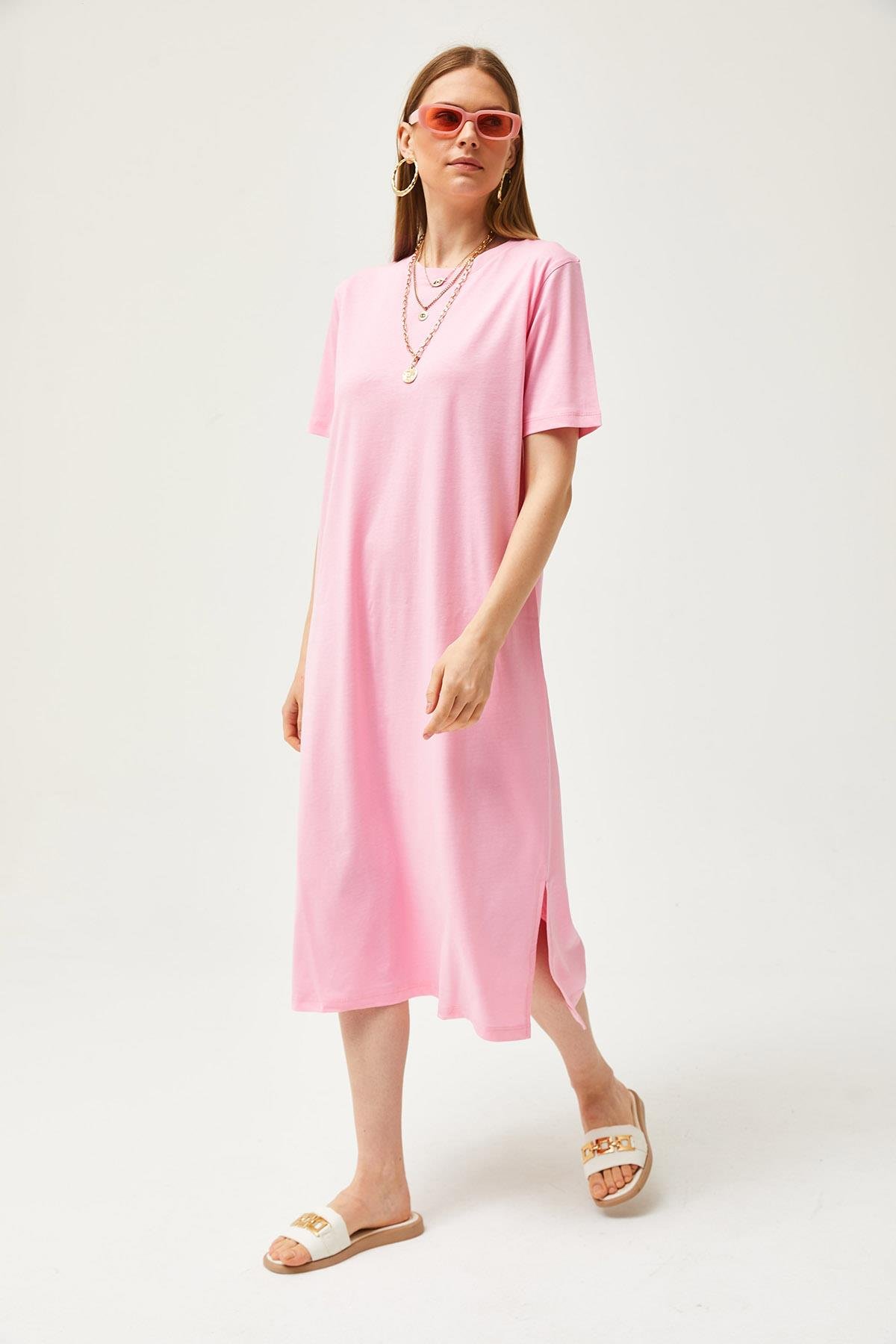 Yanı Yırtmaçlı Oversize Pamuk Elbise Pembe