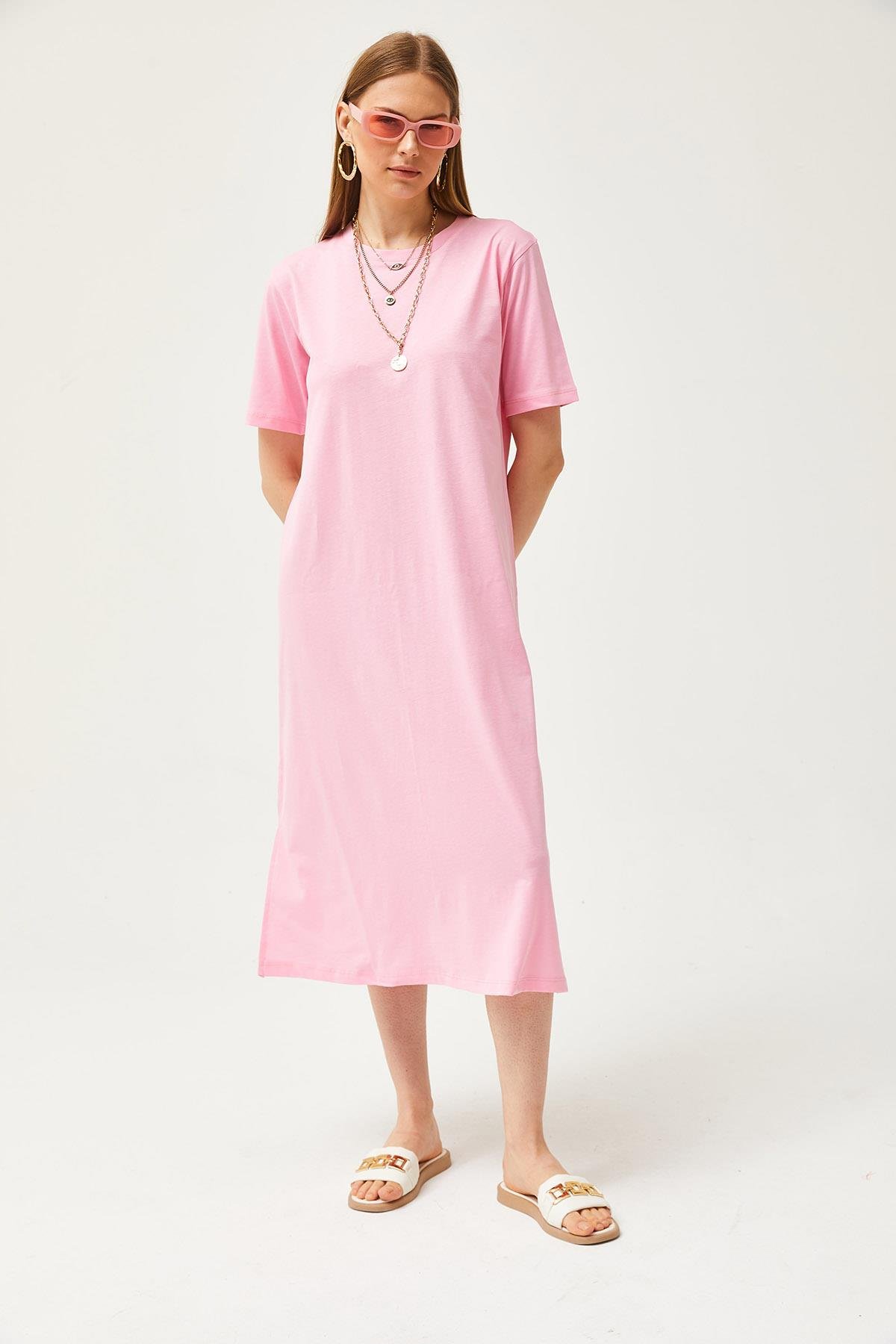 Yanı Yırtmaçlı Oversize Pamuk Elbise Pembe