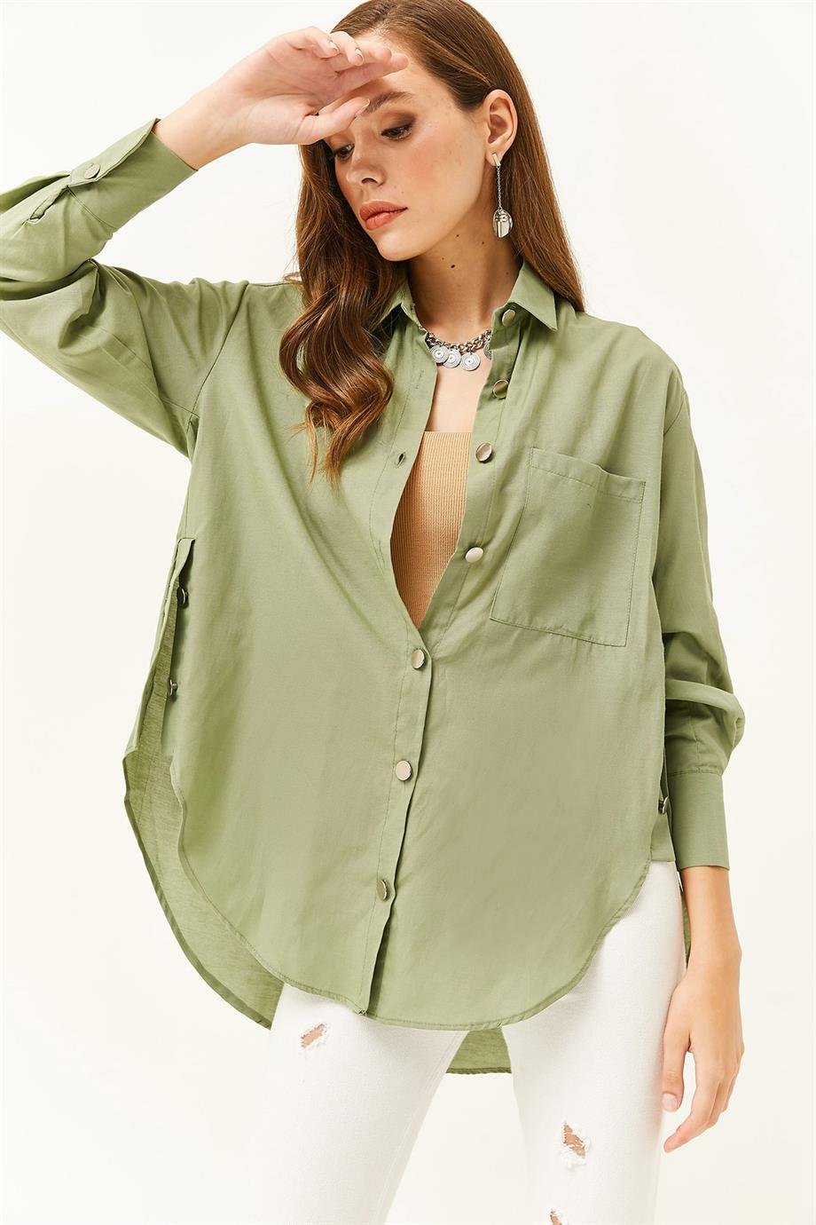 Yanları Düğme Detaylı Oversize Dokuma Gömlek Küf Yeşili