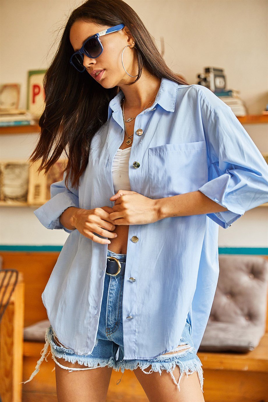 Yanları Düğme Detaylı Oversize Dokuma Gömlek Bebe Mavi