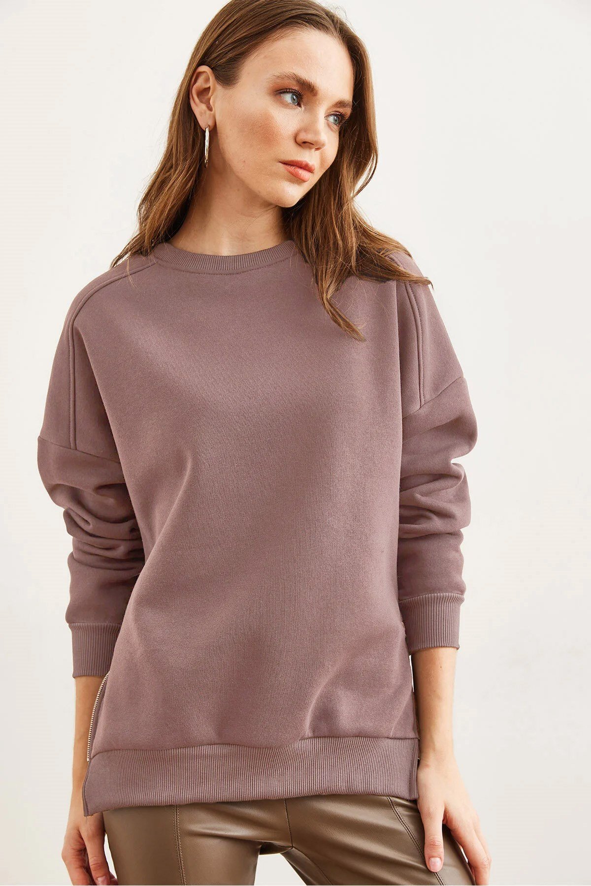 Yanları Fermuar Detaylı İçi Polarlı Kalın Sweatshirt Gül Kurusu
