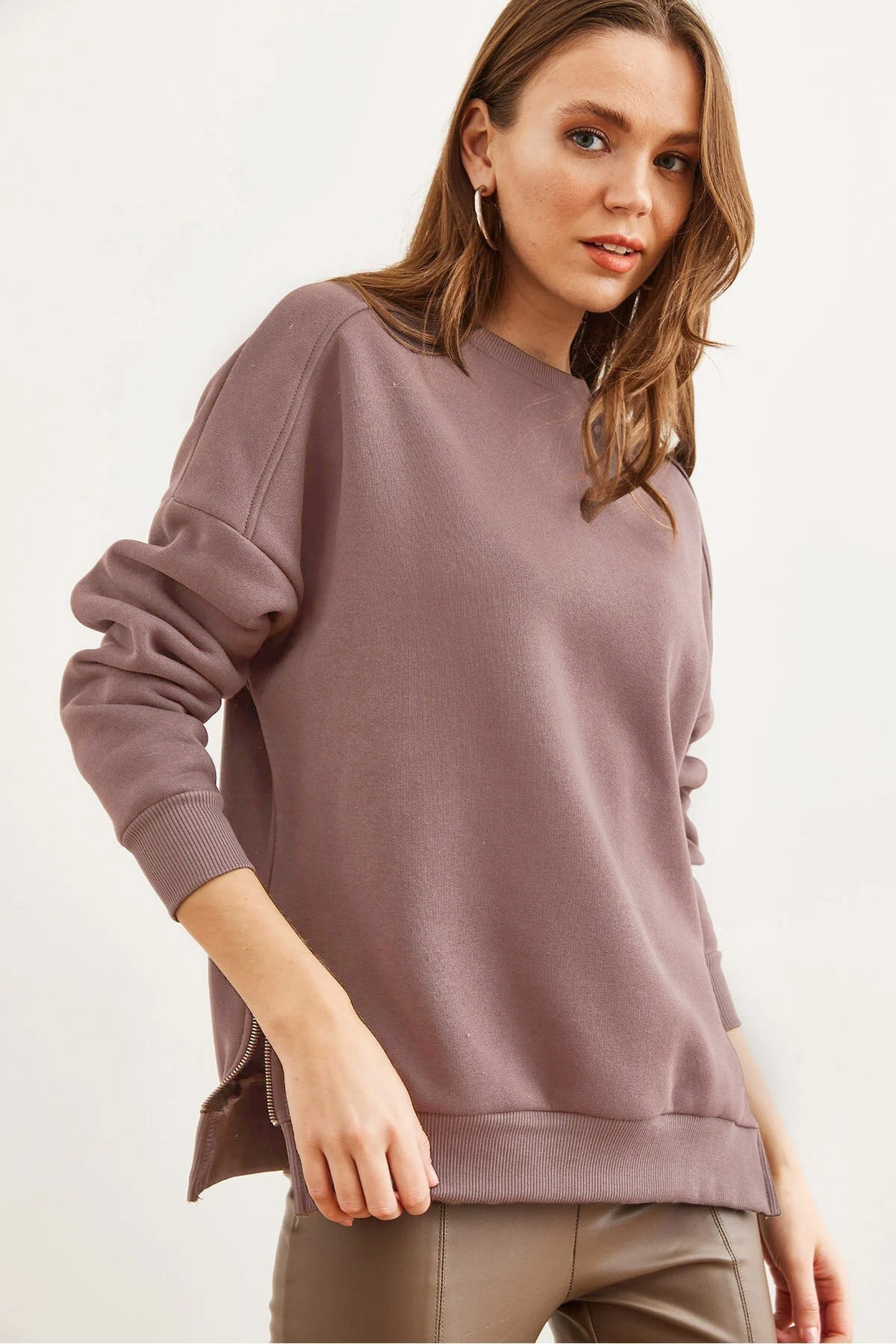 Yanları Fermuar Detaylı İçi Polarlı Kalın Sweatshirt Gül Kurusu