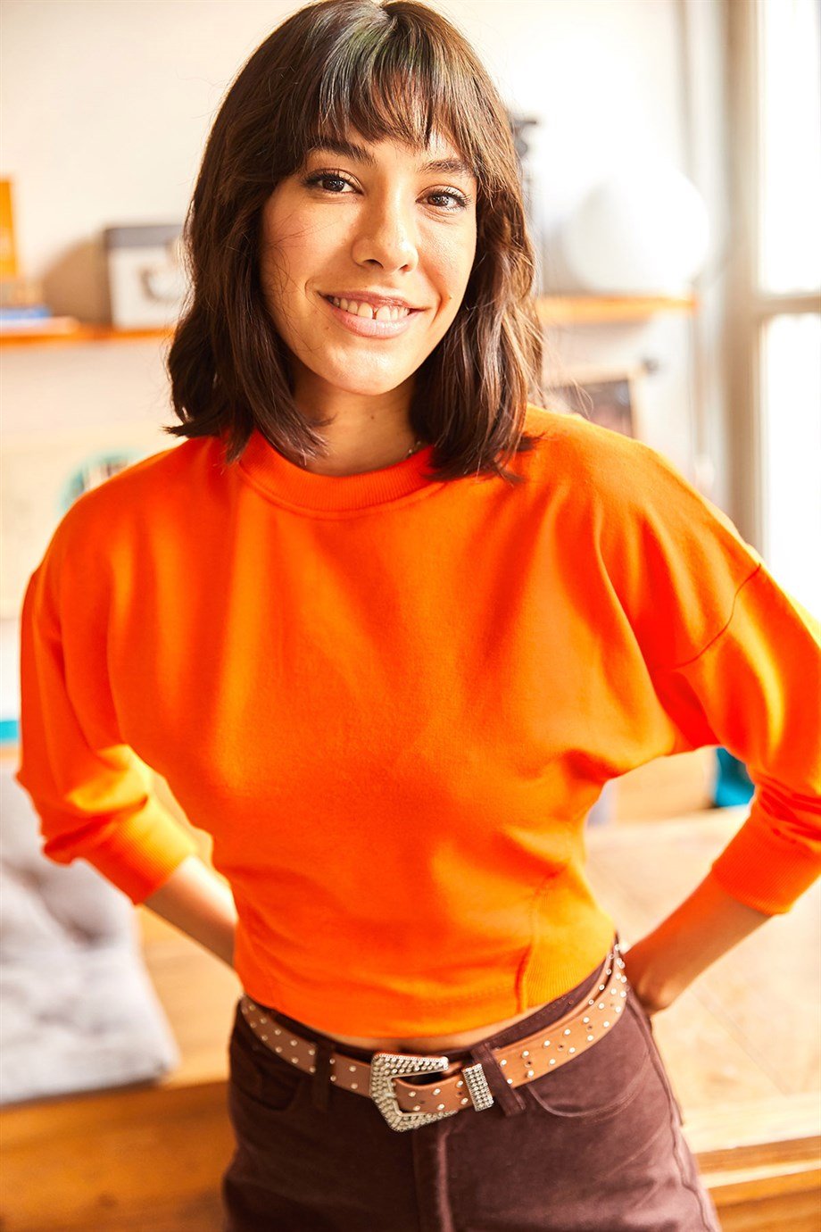 Yanları Gipeli Crop Sweatshirt Turuncu