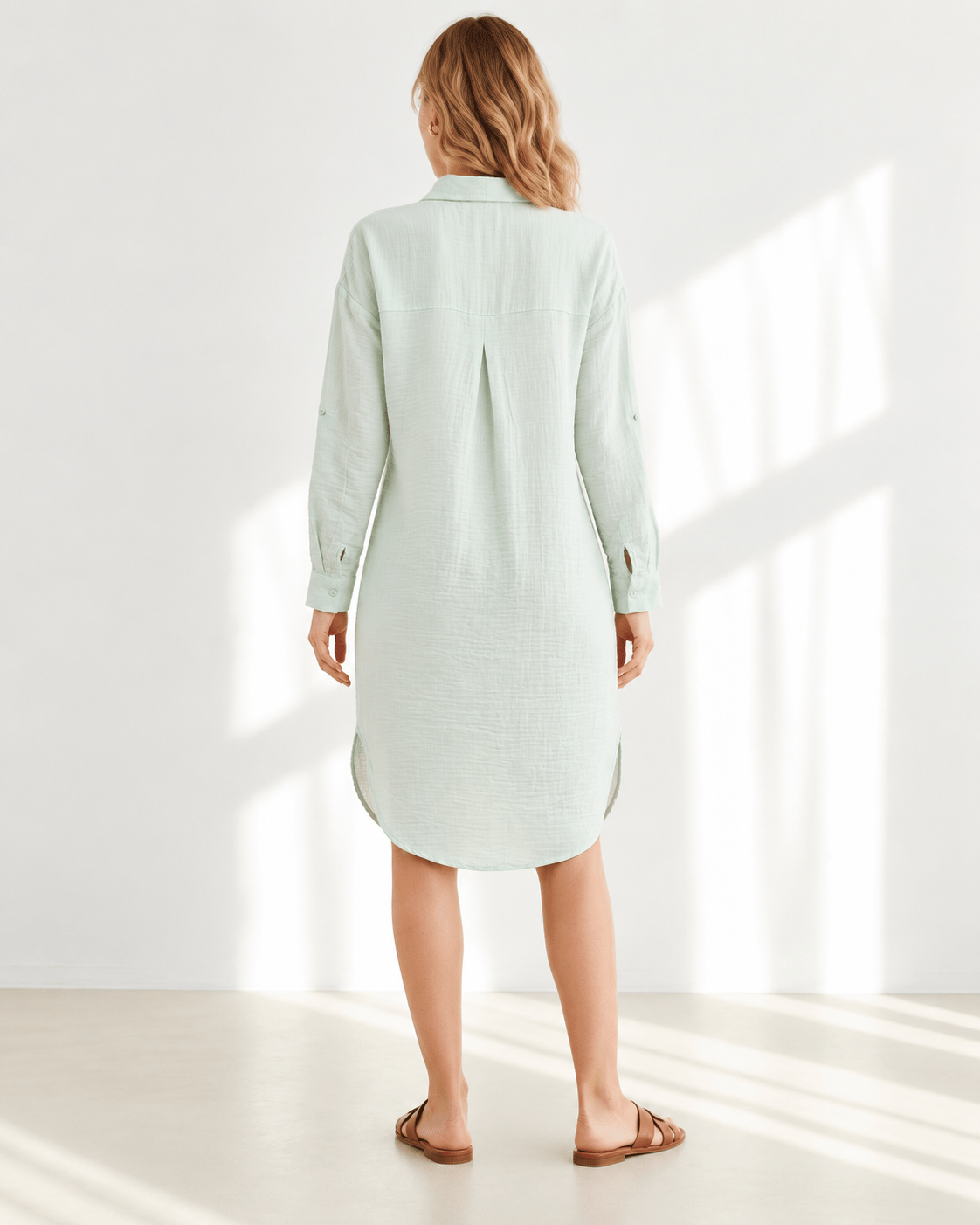Yanları Oval Yırtmaçlı Müslin Gömlek Elbise Su Yeşili