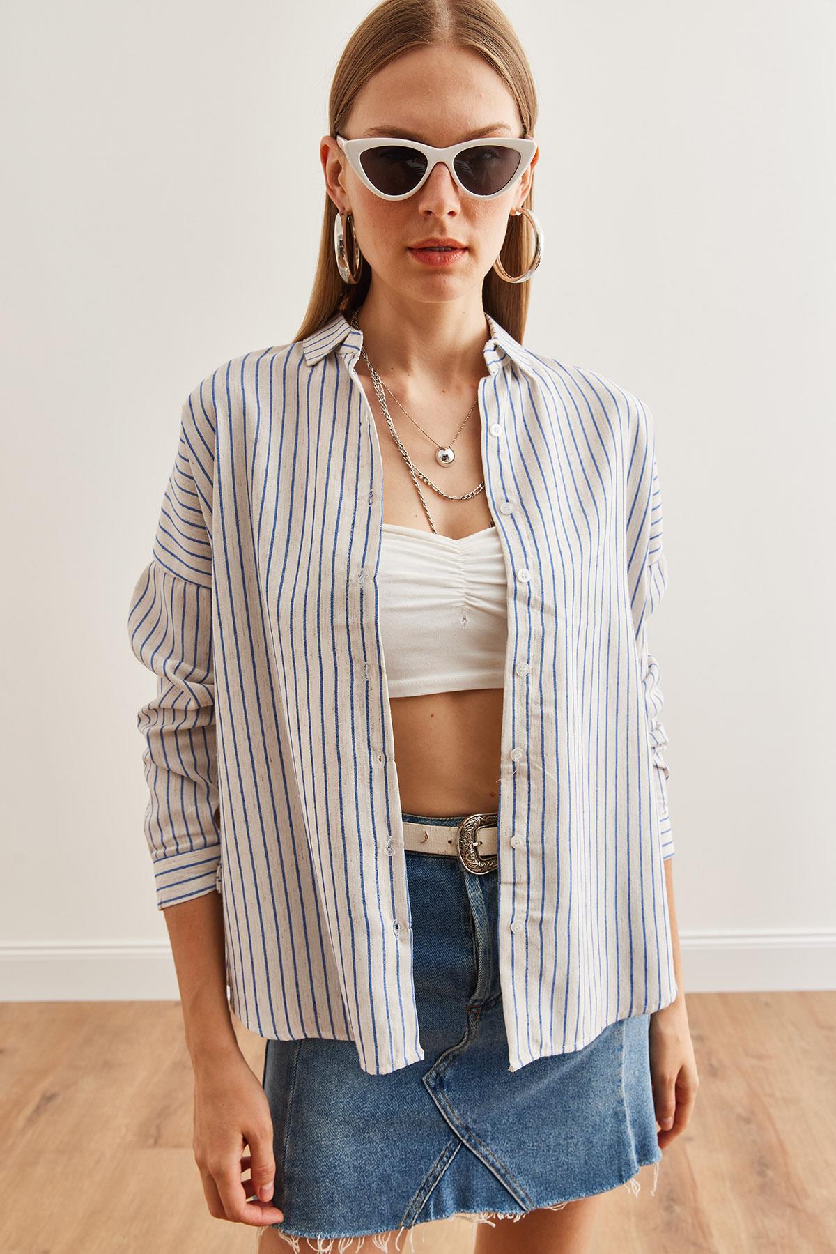 Yarasa Çizgili Oversize Keten Gömlek Saks Mavi