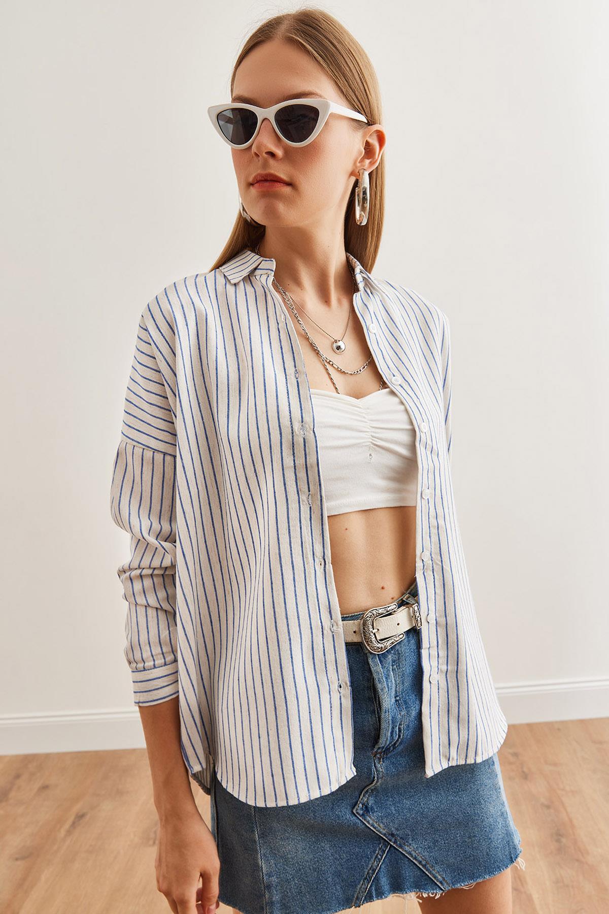 Yarasa Çizgili Oversize Keten Gömlek Saks Mavi