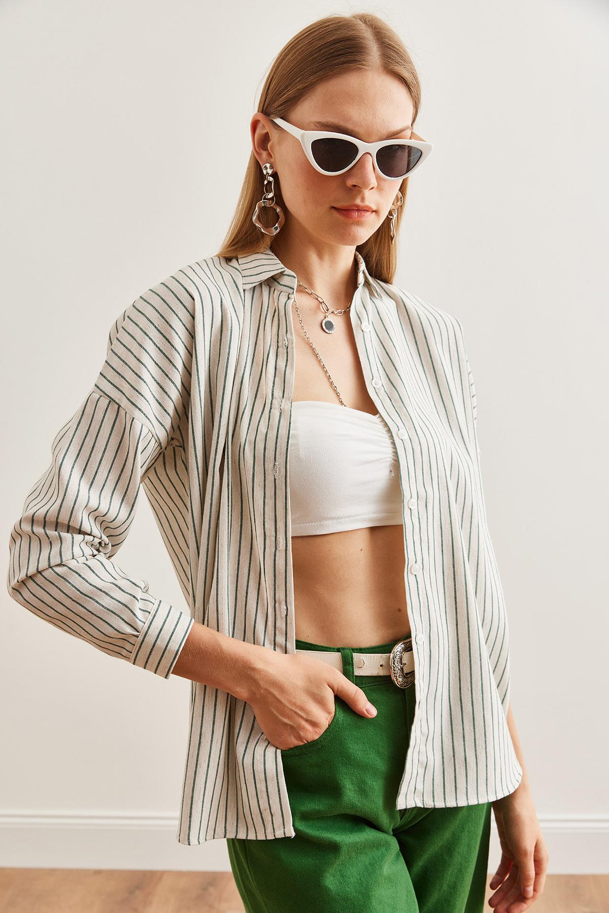 Yarasa Çizgili Oversize Keten Gömlek Yeşil