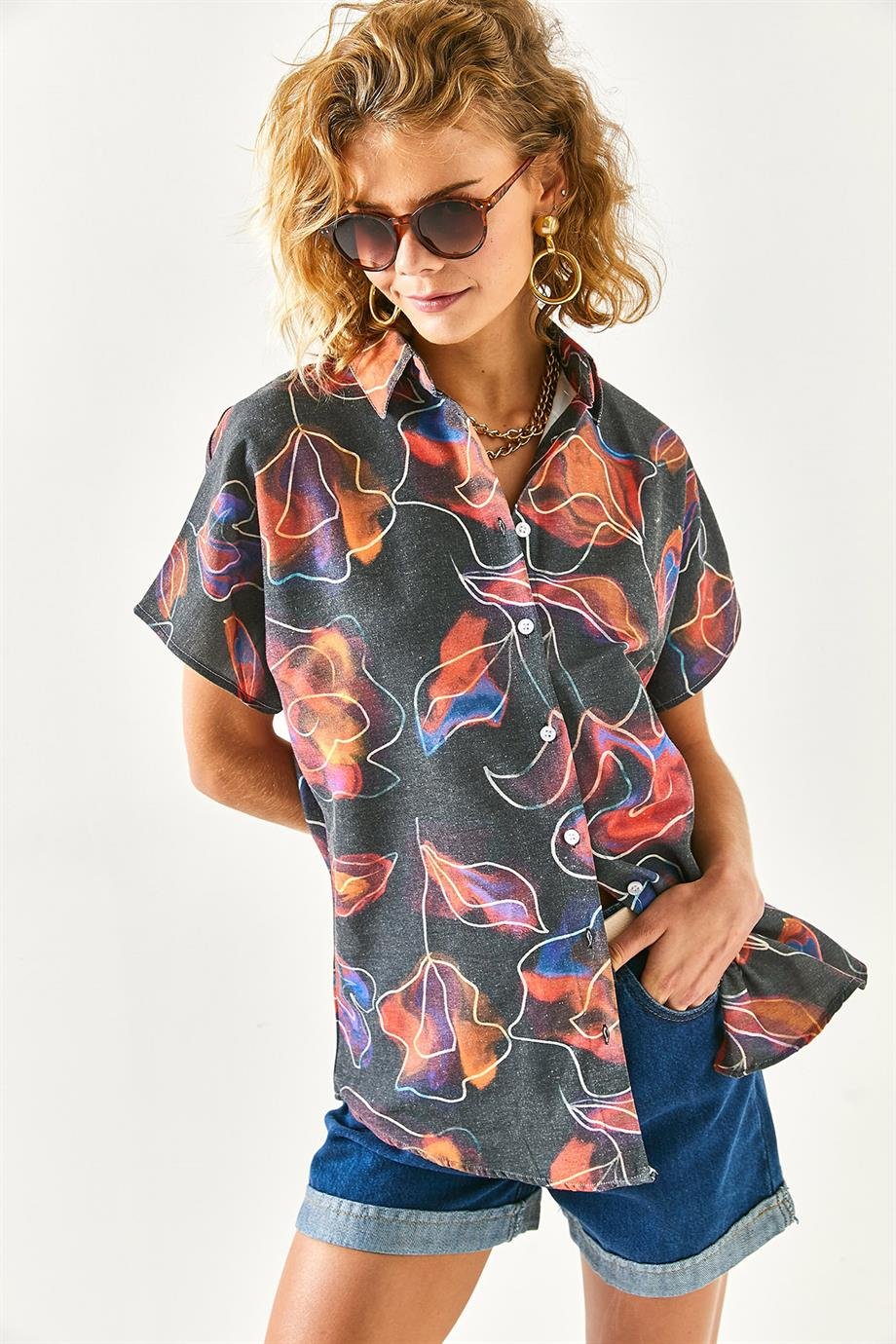 Yarasa Keten Karışımlı Gömlek Batik Çok Renkli