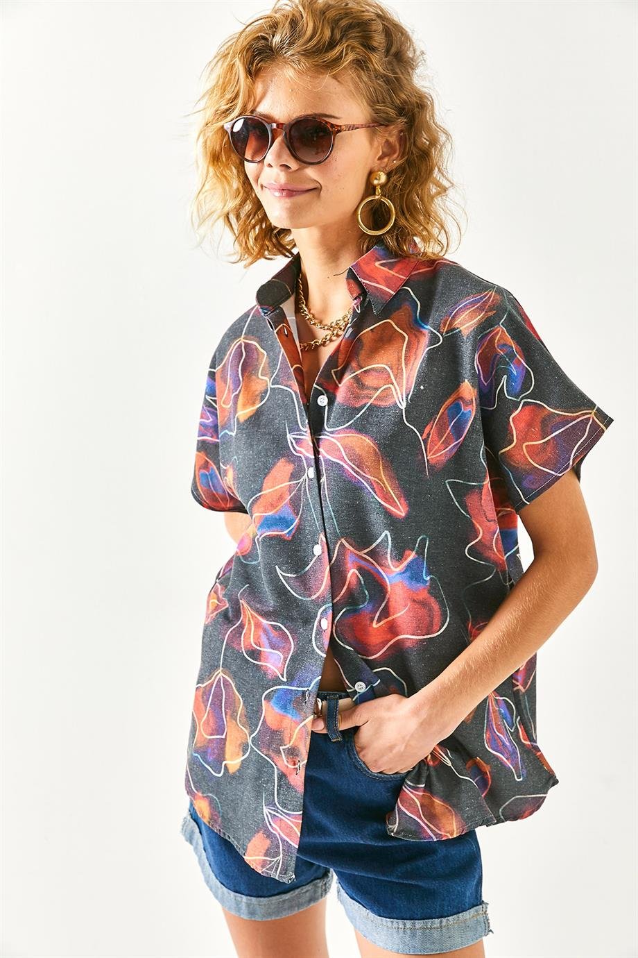 Yarasa Keten Karışımlı Gömlek Batik Çok Renkli