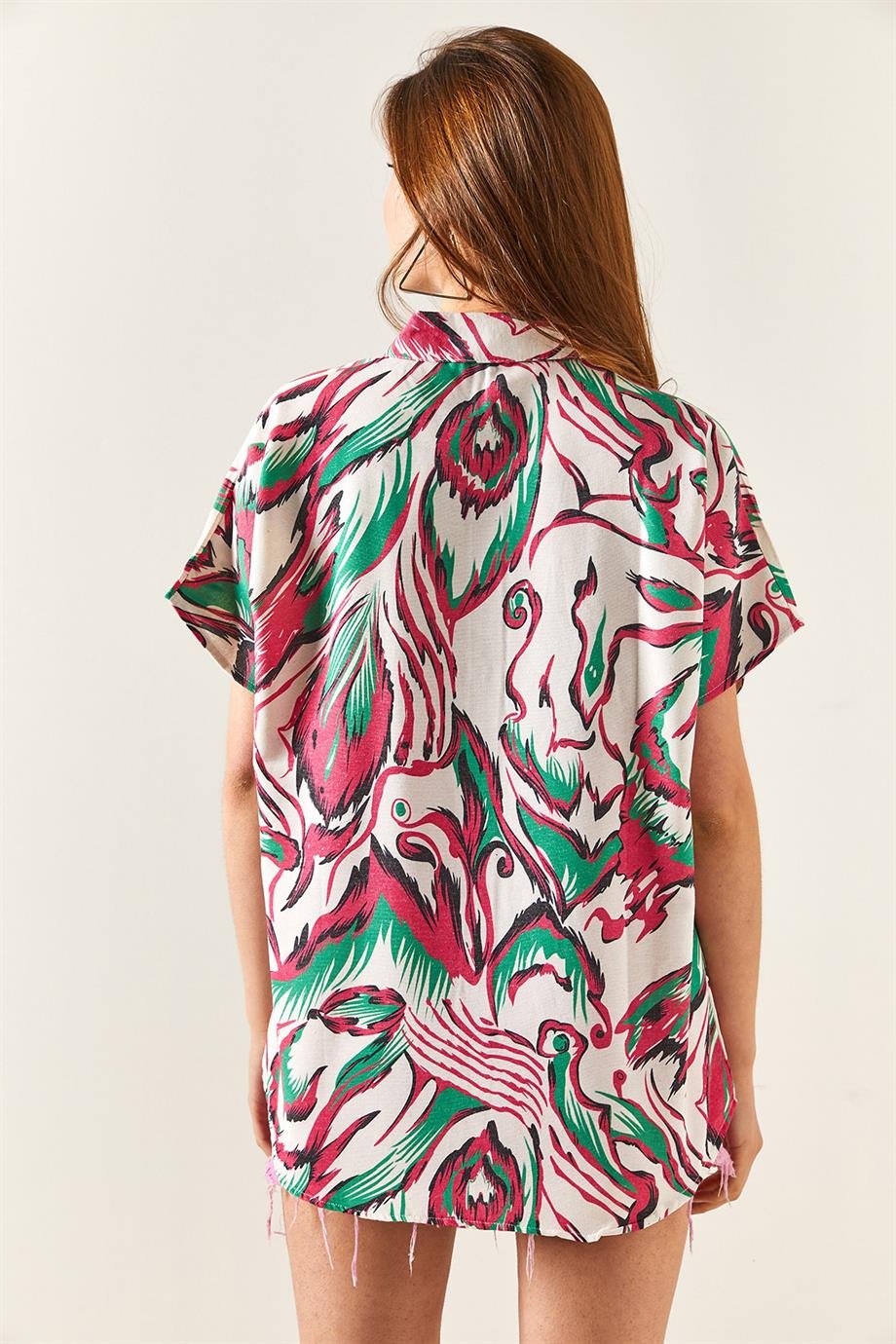 Yarasa Keten Karışımlı Gömlek Fuşya Yeşil
