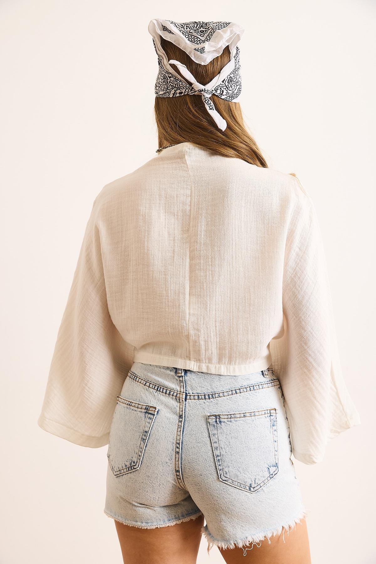 Yarasa Model Crop Müslin Kimono Beyaz