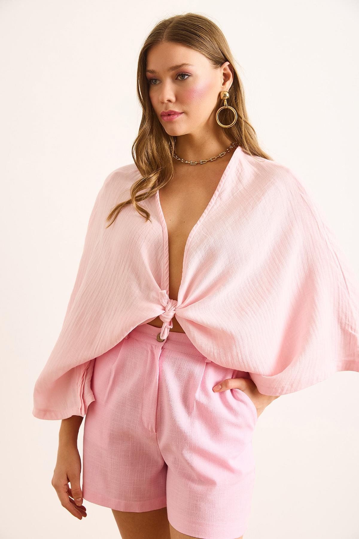Yarasa Model Crop Müslin Kimono Pembe