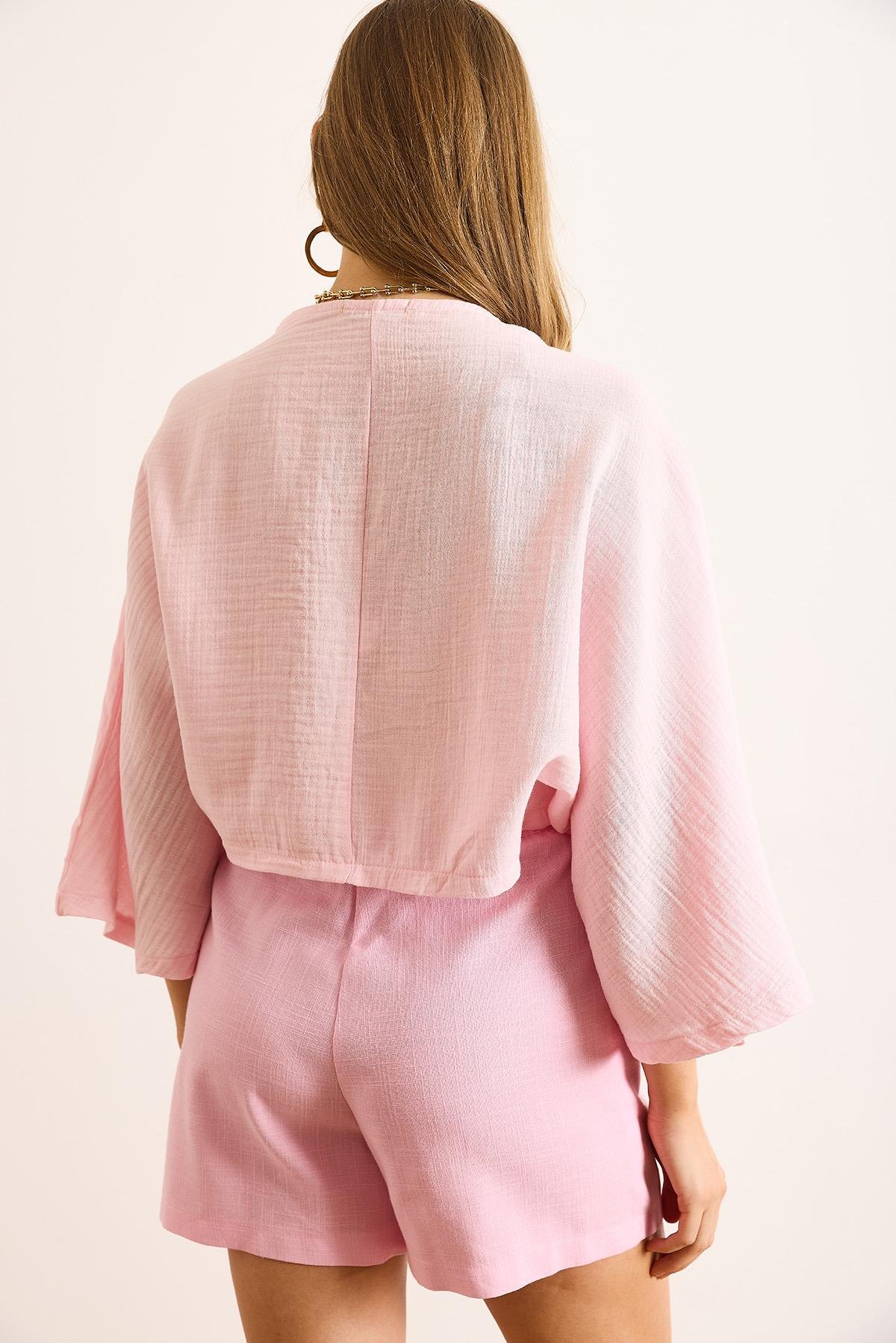 Yarasa Model Crop Müslin Kimono Pembe