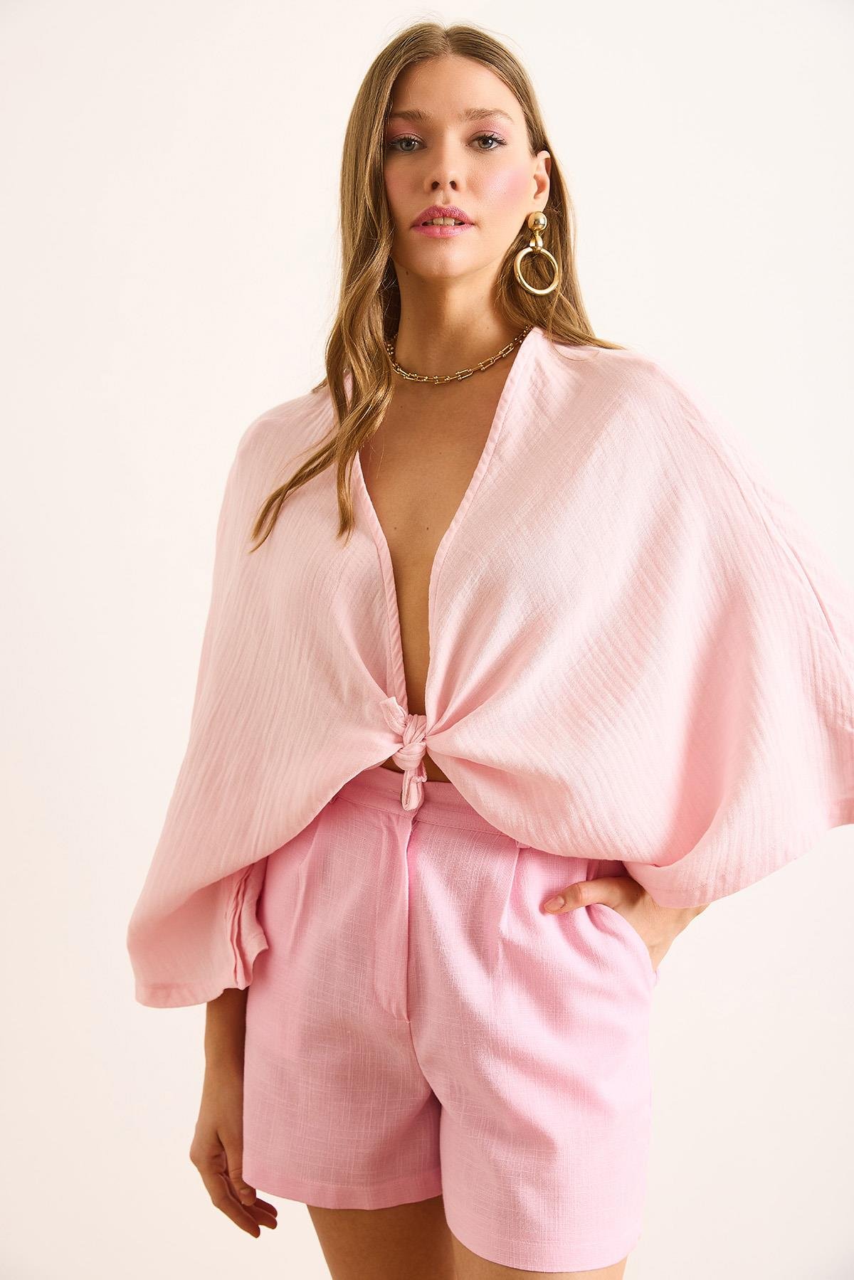 Yarasa Model Crop Müslin Kimono Pembe