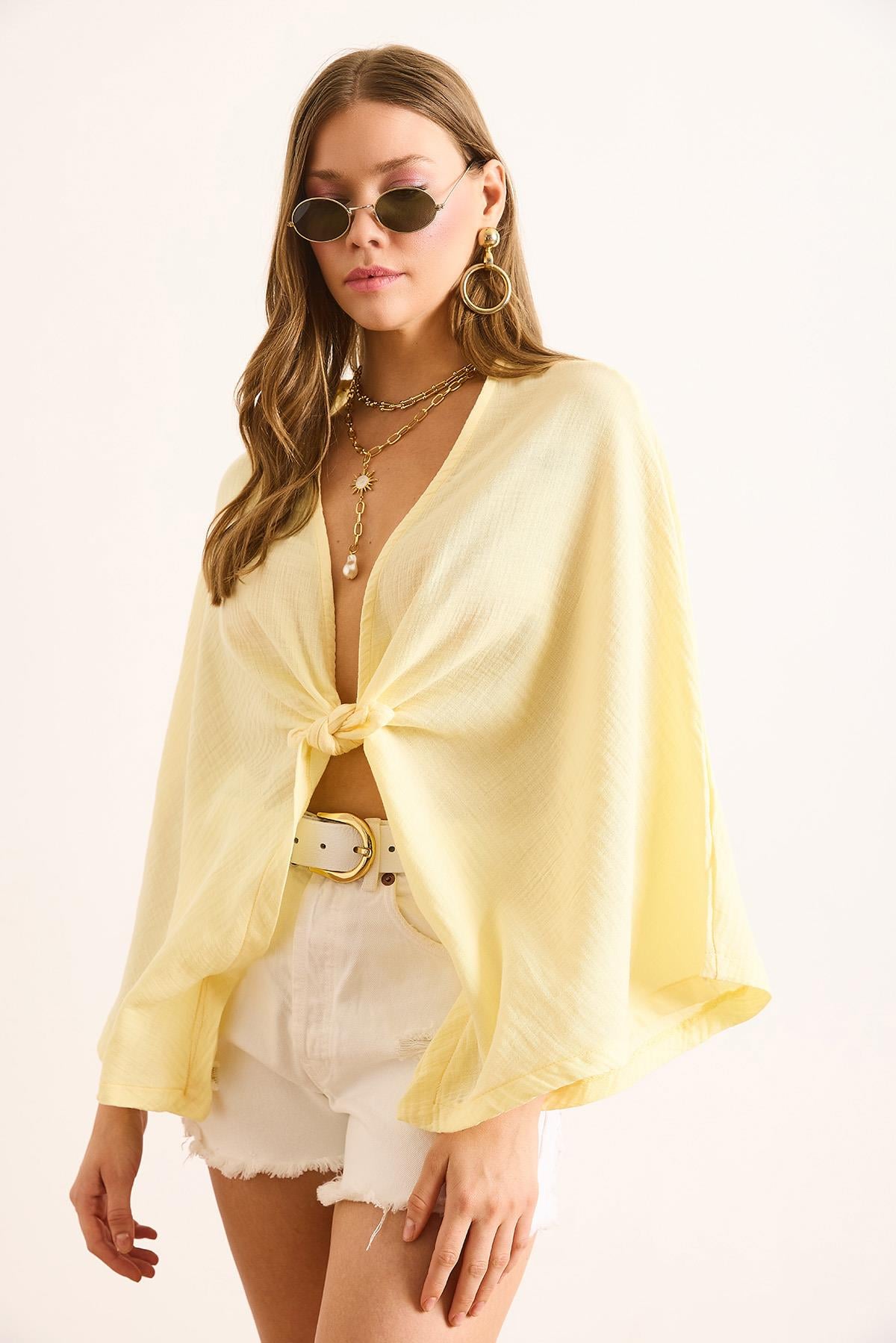 Yarasa Model Crop Müslin Kimono Sarı