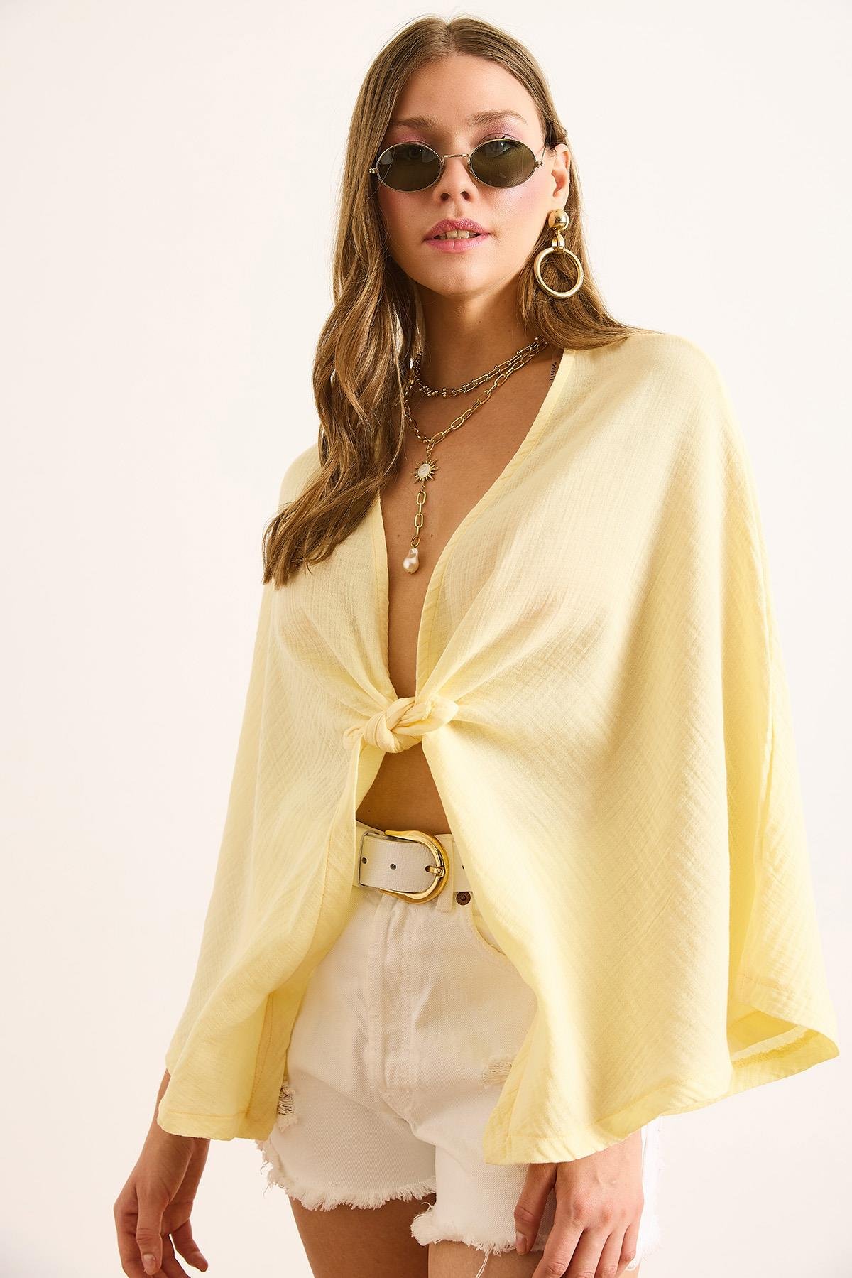 Yarasa Model Crop Müslin Kimono Sarı