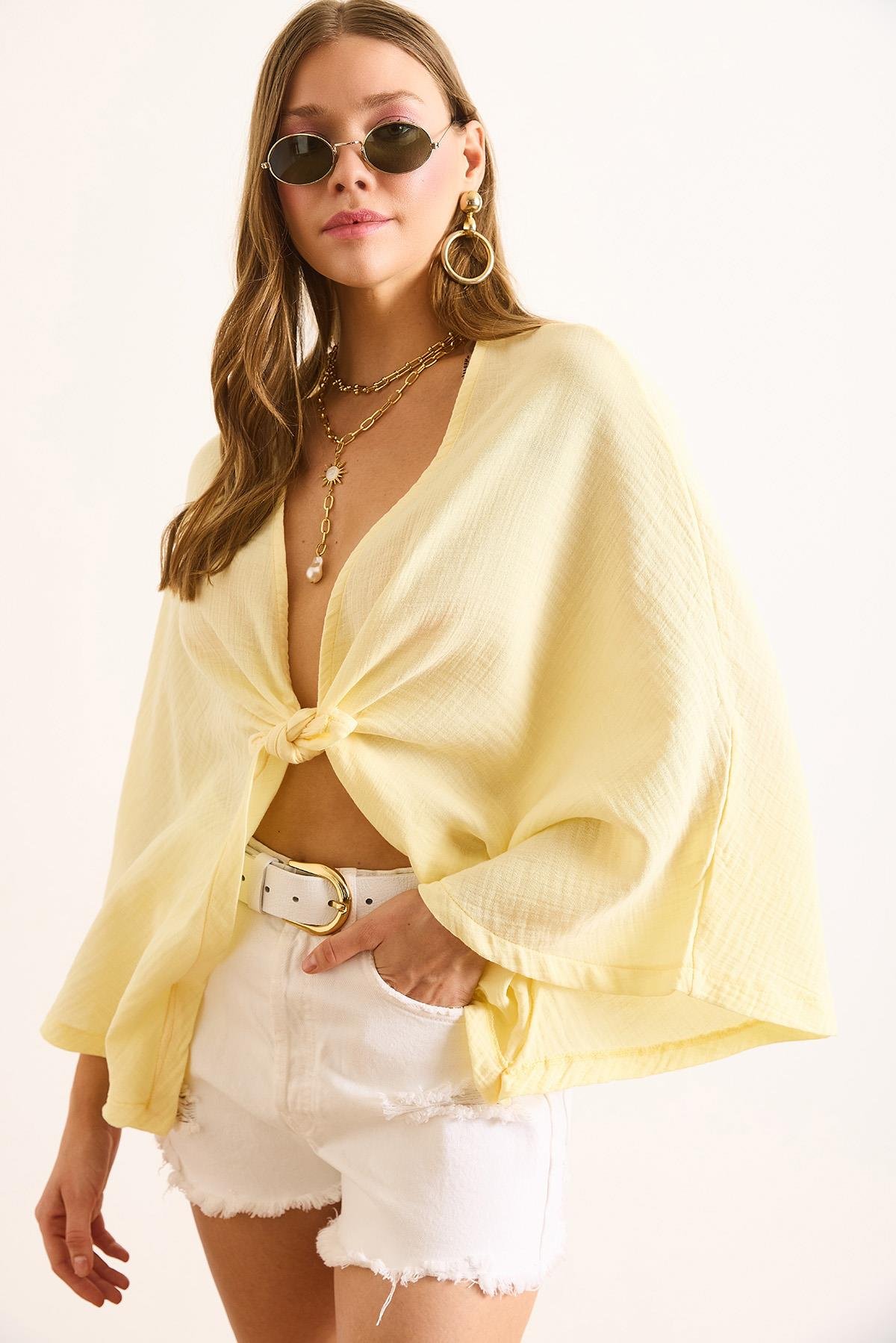 Yarasa Model Crop Müslin Kimono Sarı