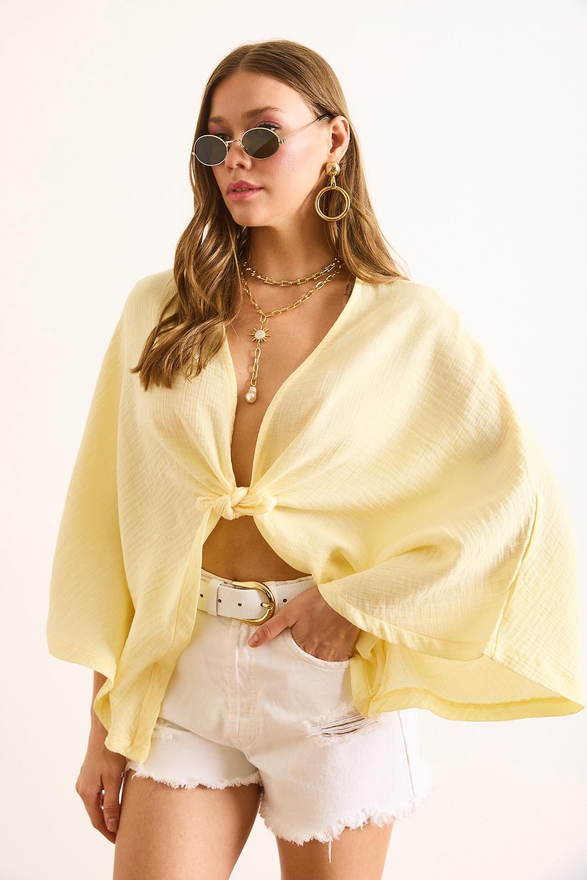 Yarasa Model Crop Müslin Kimono Sarı