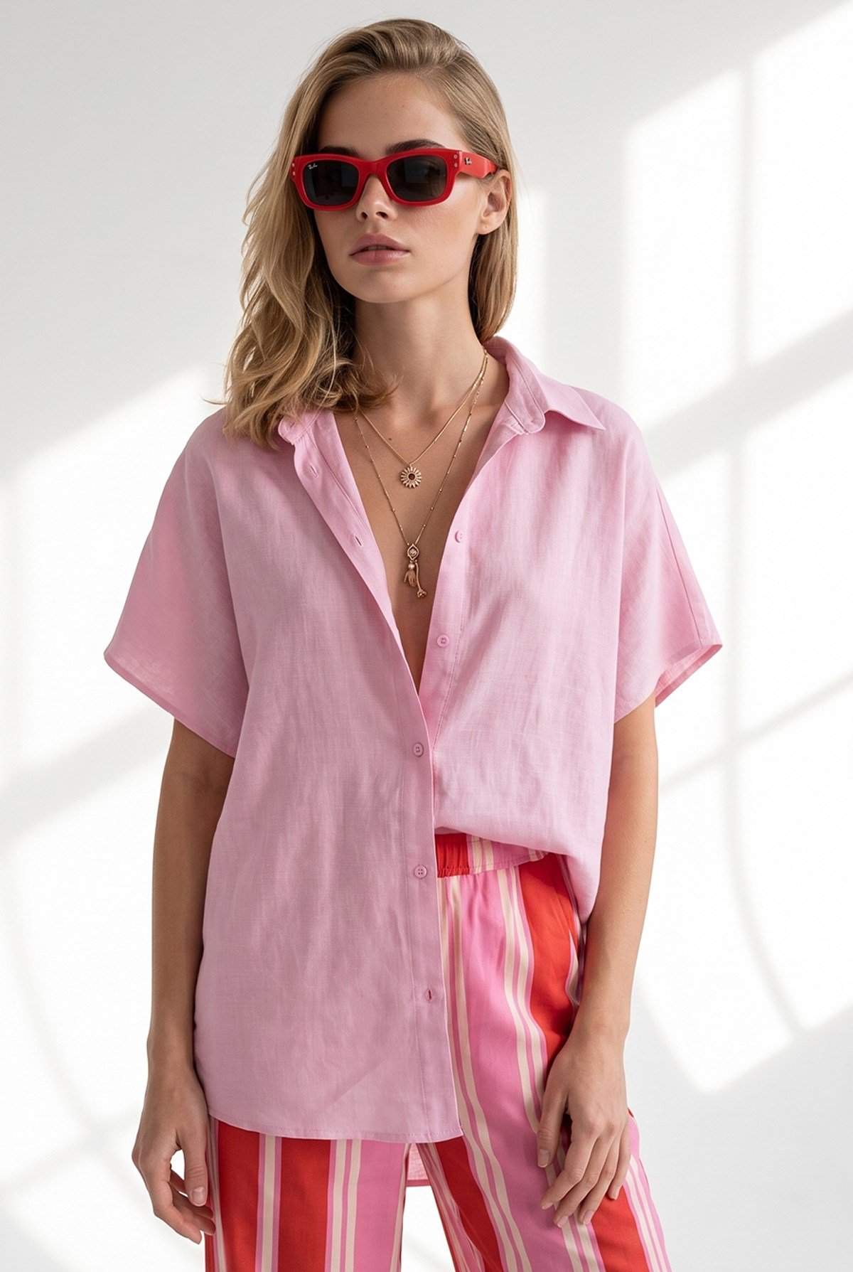 Yarasa Oversize Keten Gömlek Şeker Pembe