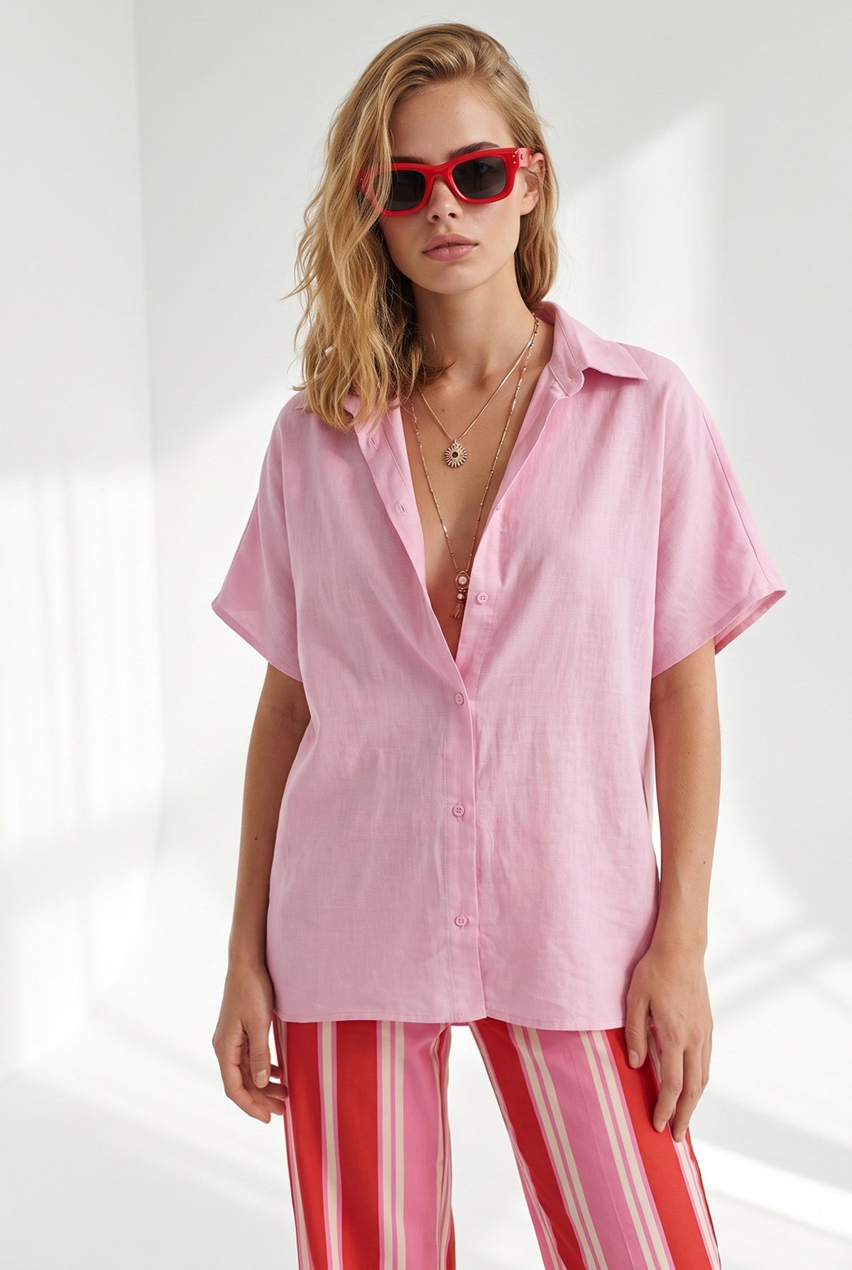 Yarasa Oversize Keten Gömlek Şeker Pembe