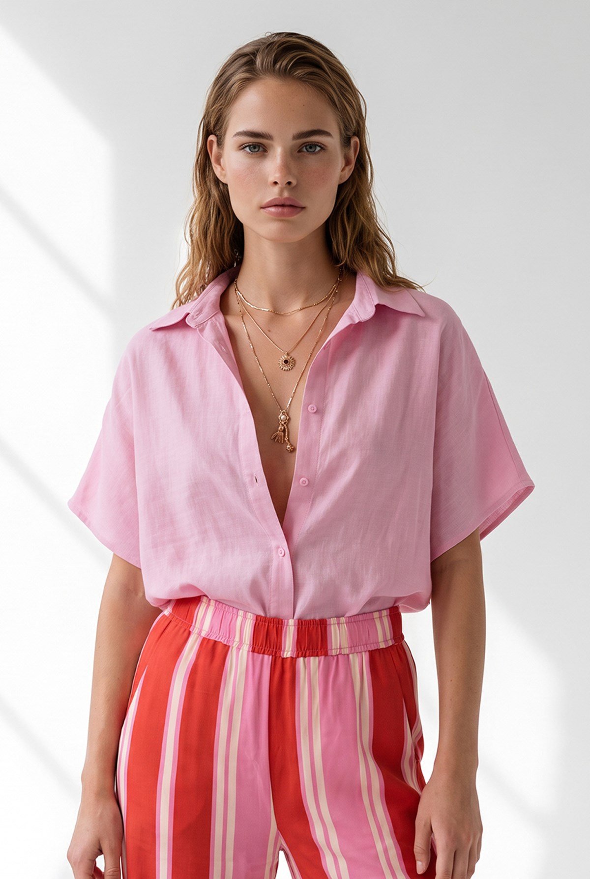 Yarasa Oversize Keten Gömlek Şeker Pembe