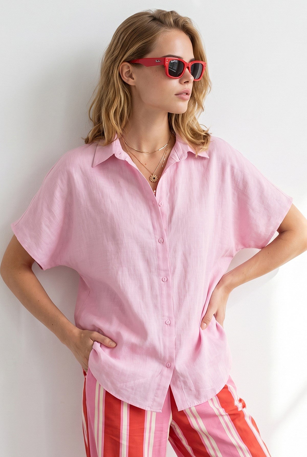 Yarasa Oversize Keten Gömlek Şeker Pembe