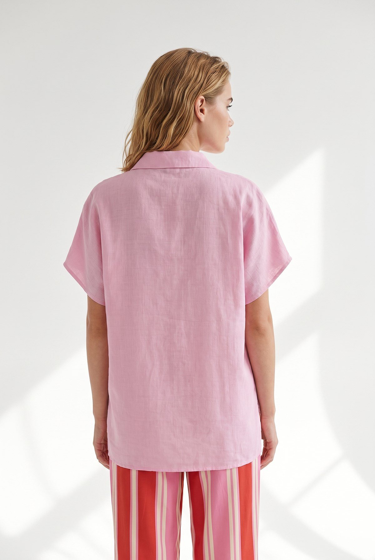 Yarasa Oversize Keten Gömlek Şeker Pembe