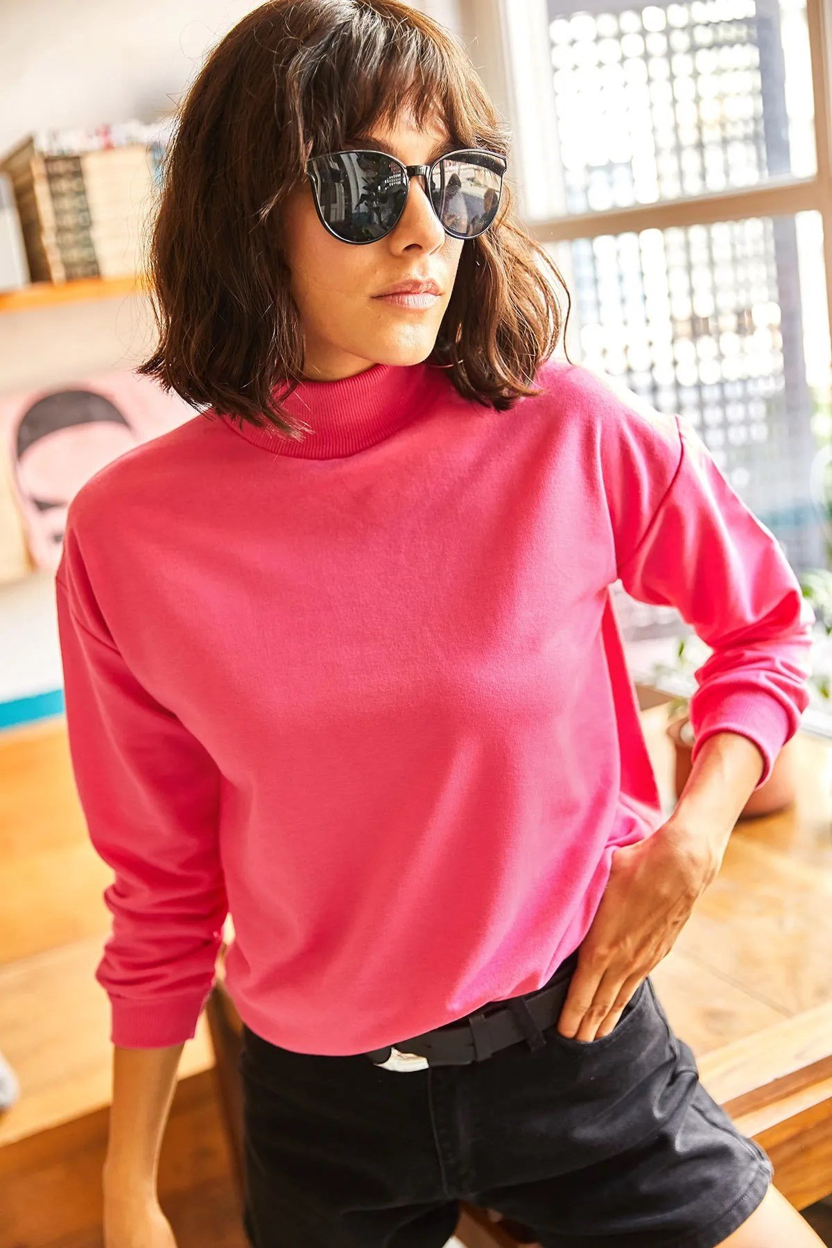 Yarım Balıkçı Oversize Sweatshirt Fuşya