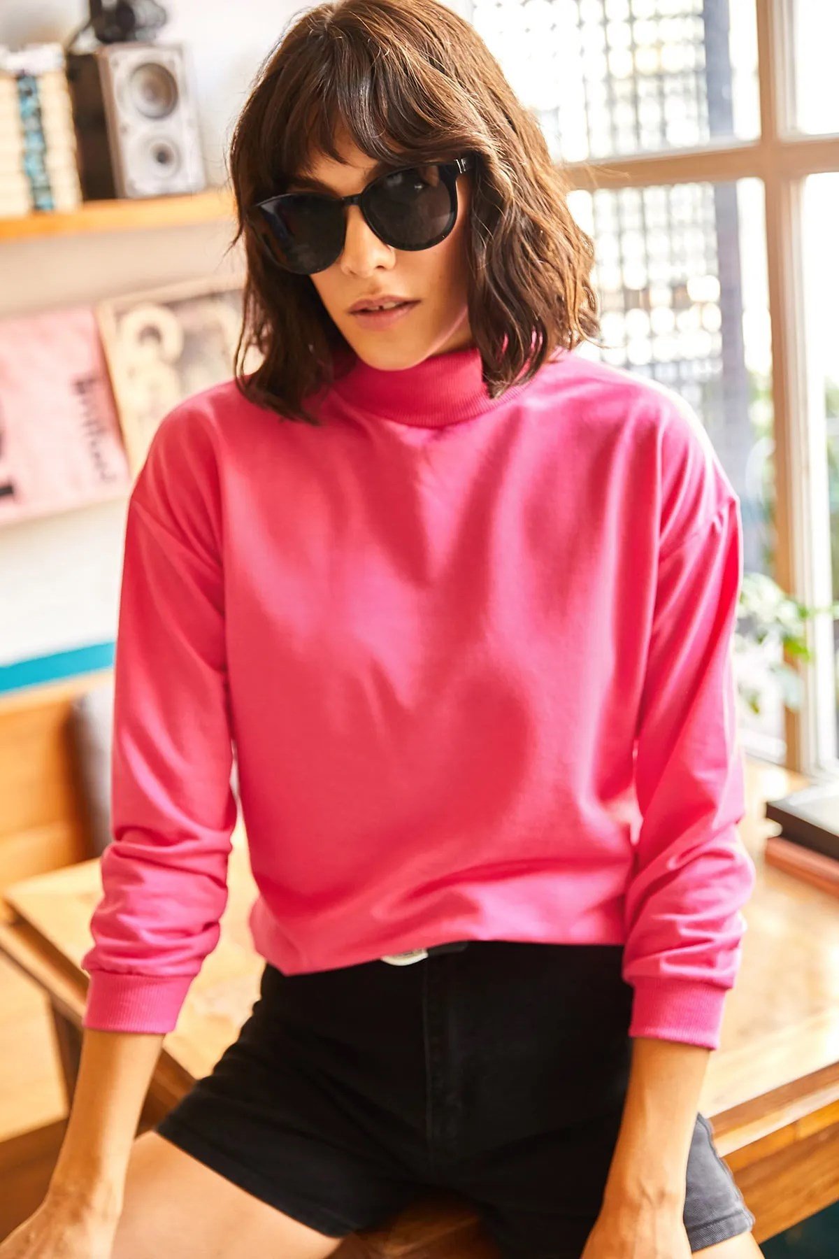 Yarım Balıkçı Oversize Sweatshirt Fuşya