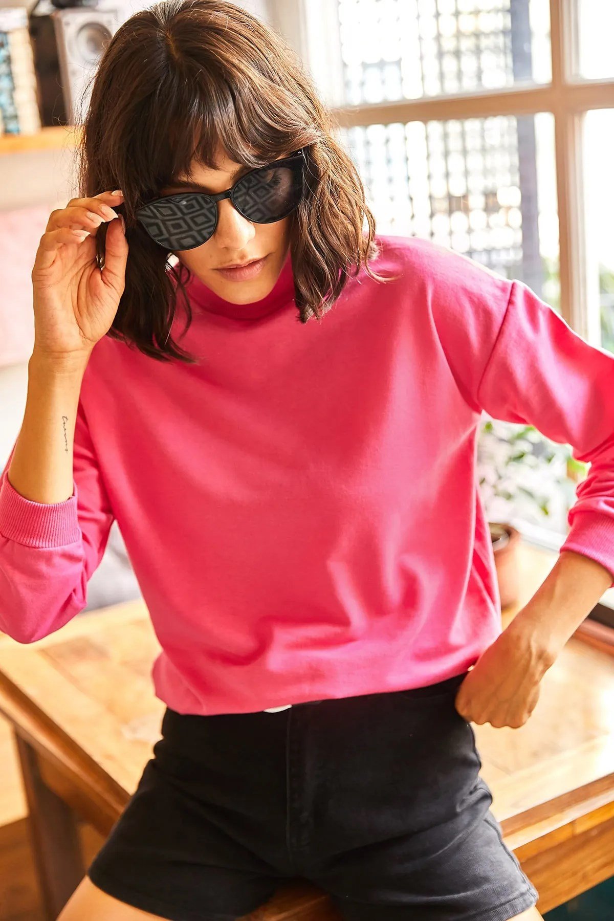 Yarım Balıkçı Oversize Sweatshirt Fuşya