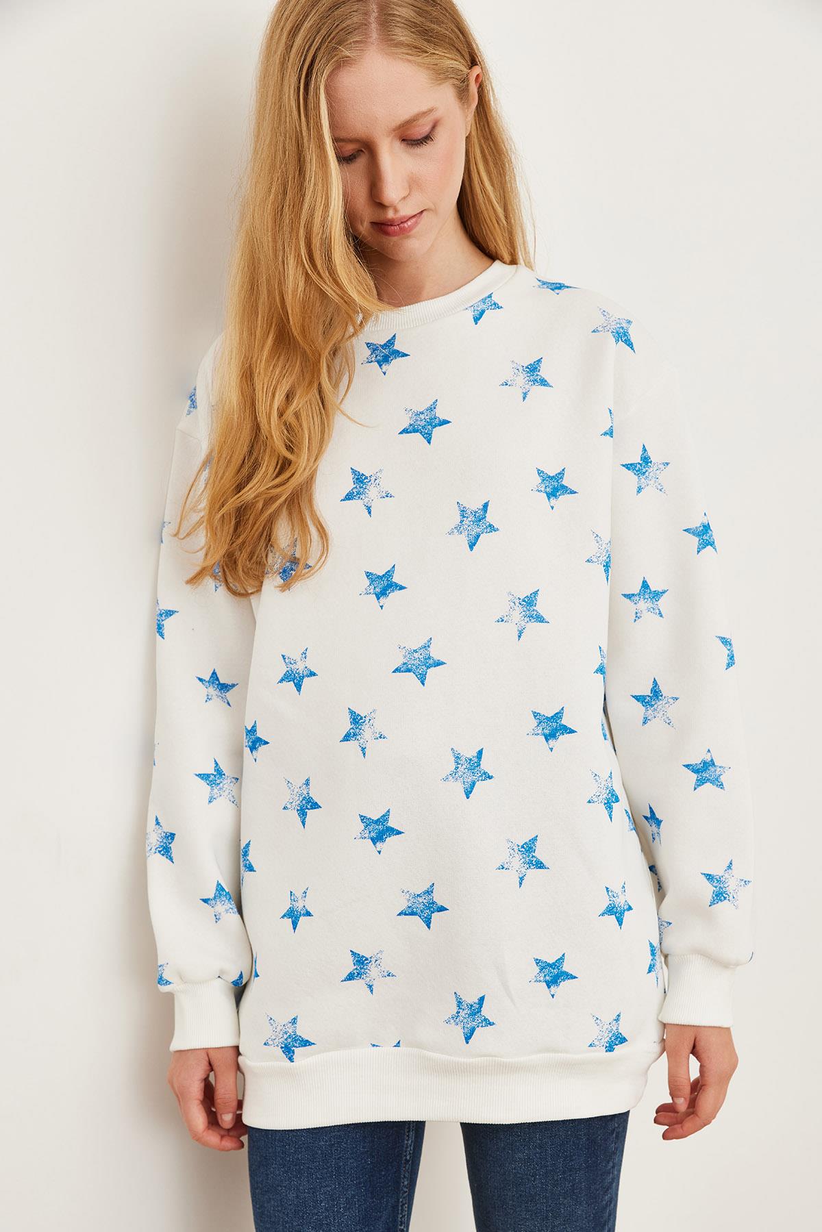 Yıldız Baskılı Oversize Şardonlu Sweatshirt Ekru mavi