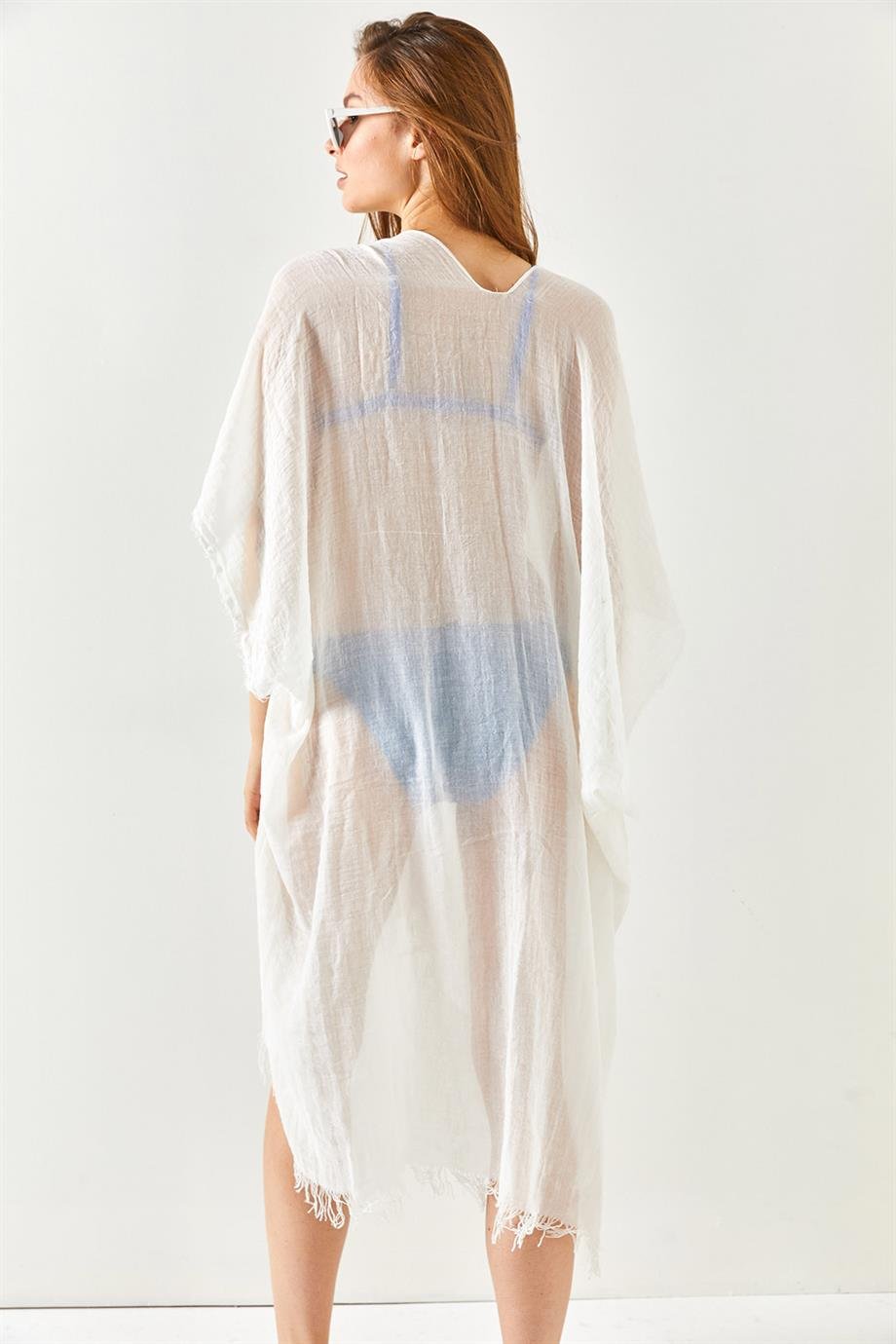 Yırtmaçlı Bağlamalı Pareo Kimono Ekru