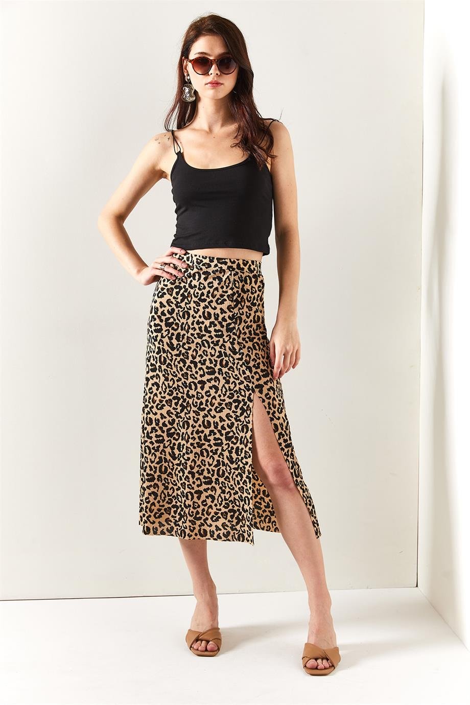 Yırtmaçlı Desenli Midi Etek Bej Leopar