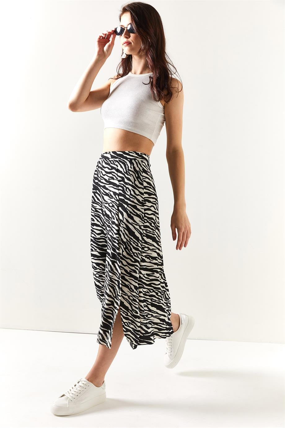 Yırtmaçlı Desenli Midi Etek Siyah Zebra