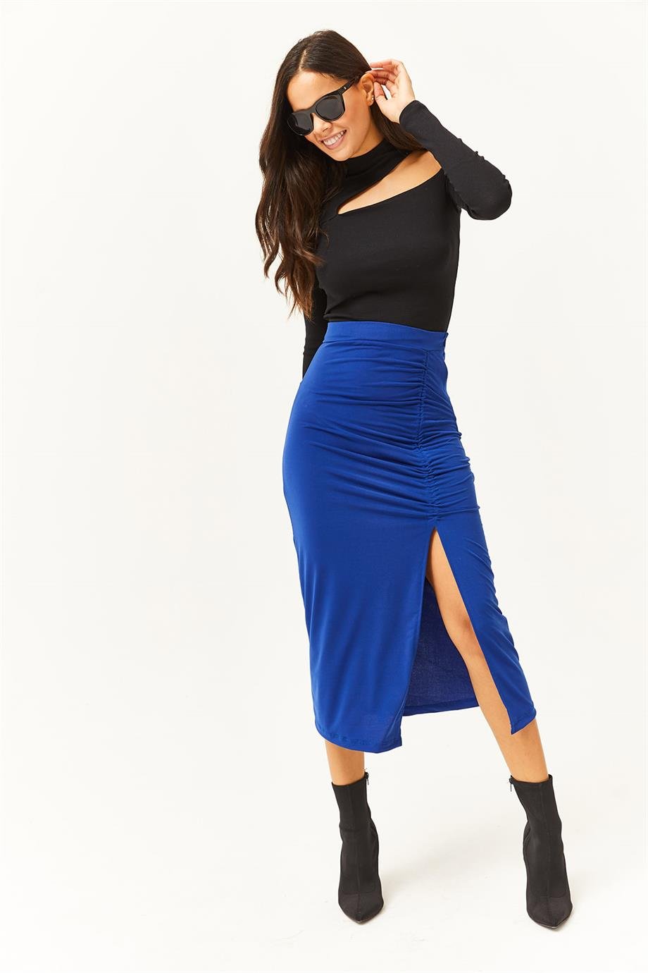 Yırtmaçlı Drape Detaylı Fermuarlı Midi Sandy Etek Saks Mavi