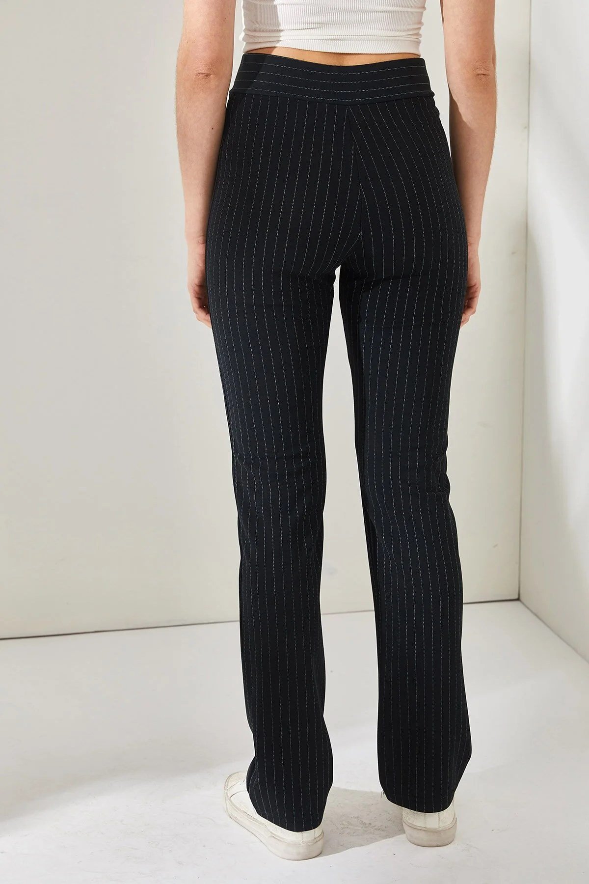 Yüksek Bel Çizgili Basic Pantolon Siyah