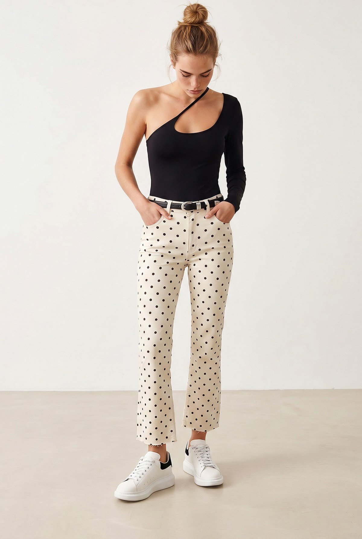 Yüksek Bel Skinny Jean Puantiye Krem Kahve