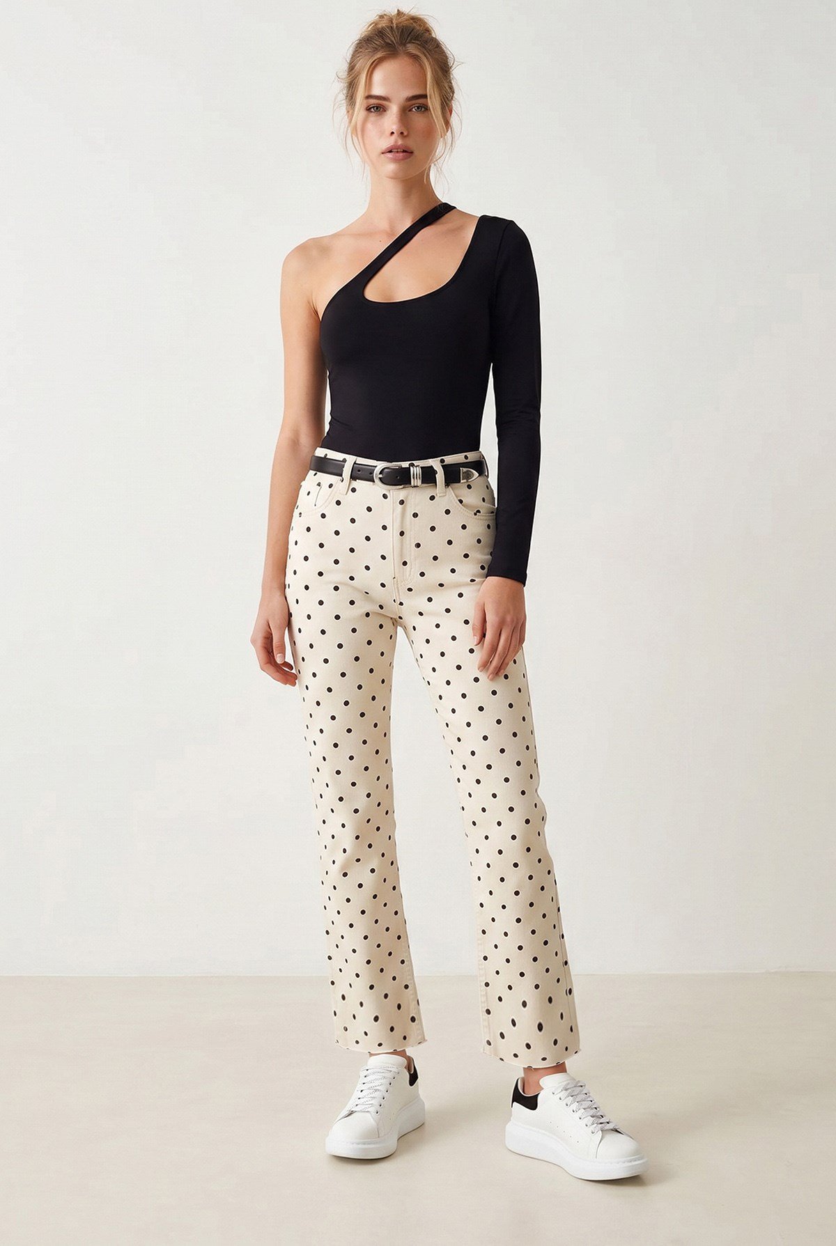 Yüksek Bel Skinny Jean Puantiye Krem Kahve