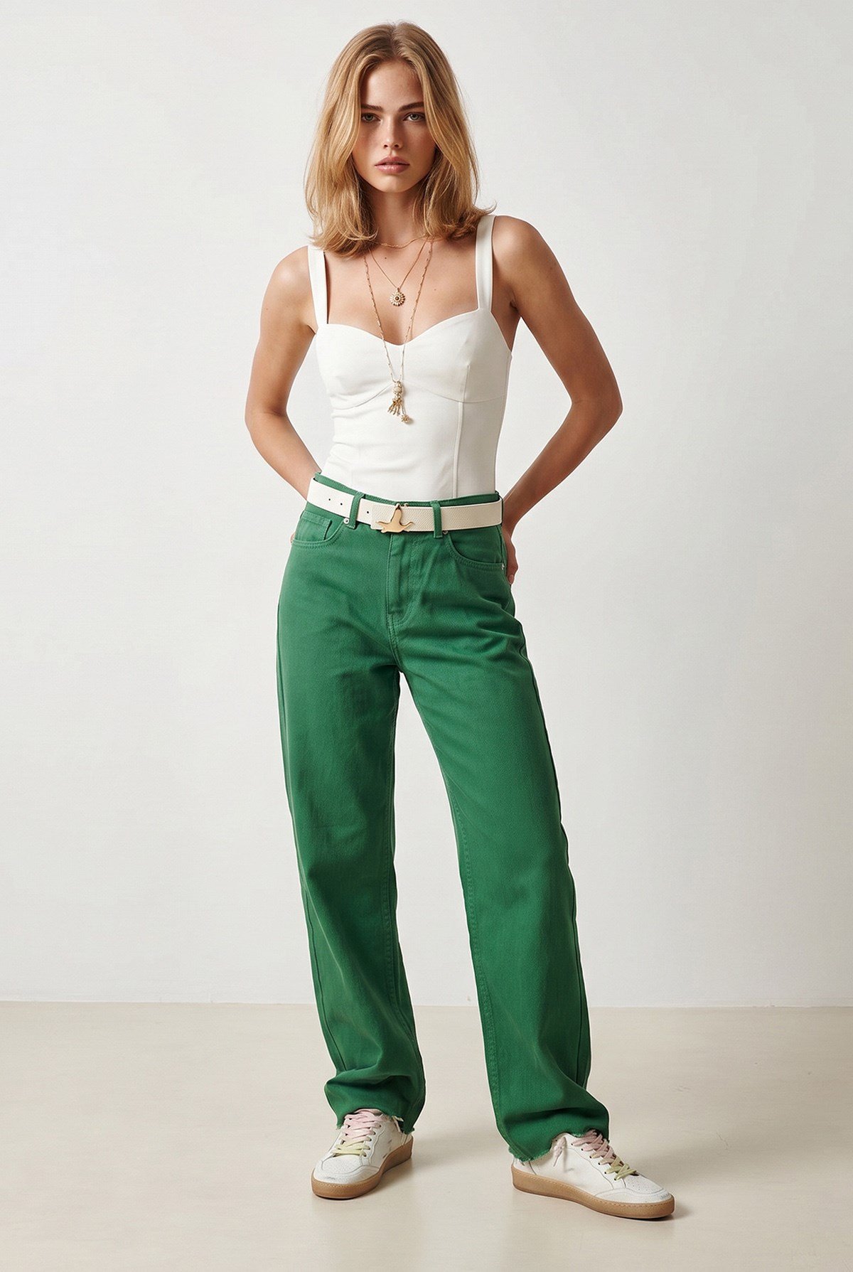 Yüksek Bel Wide Leg Gabardin Pantolon Çimen Yeşili