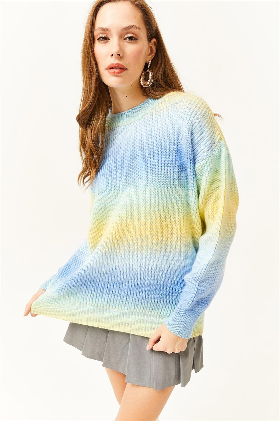 Yumuşak Dokulu Oversize Batik Triko Kazak Mavi Sarı
