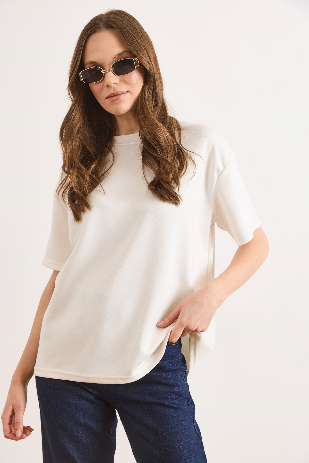 Yumuşak Dokulu Tok Loose Fit Tişört Beyaz