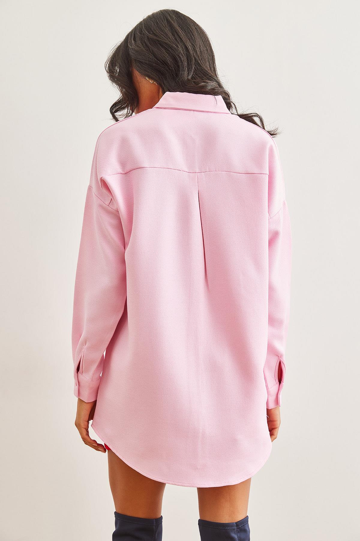 Yün Efektli Kışlık Basic Gömlek Şeker Pembe