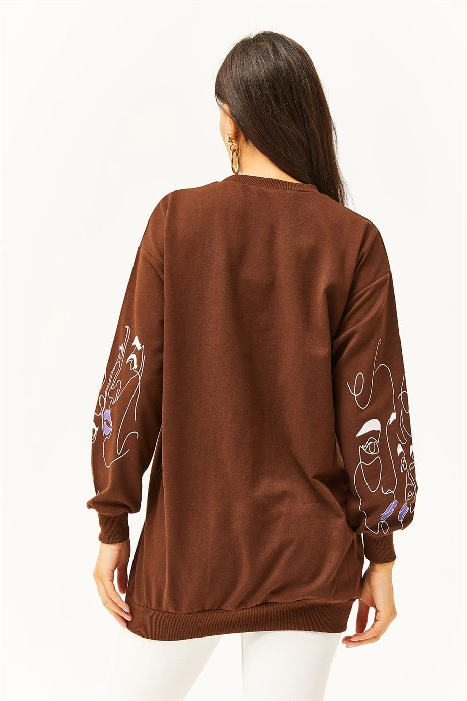Yüz Figürlü Oversize Sweatshirt Acı Kahve