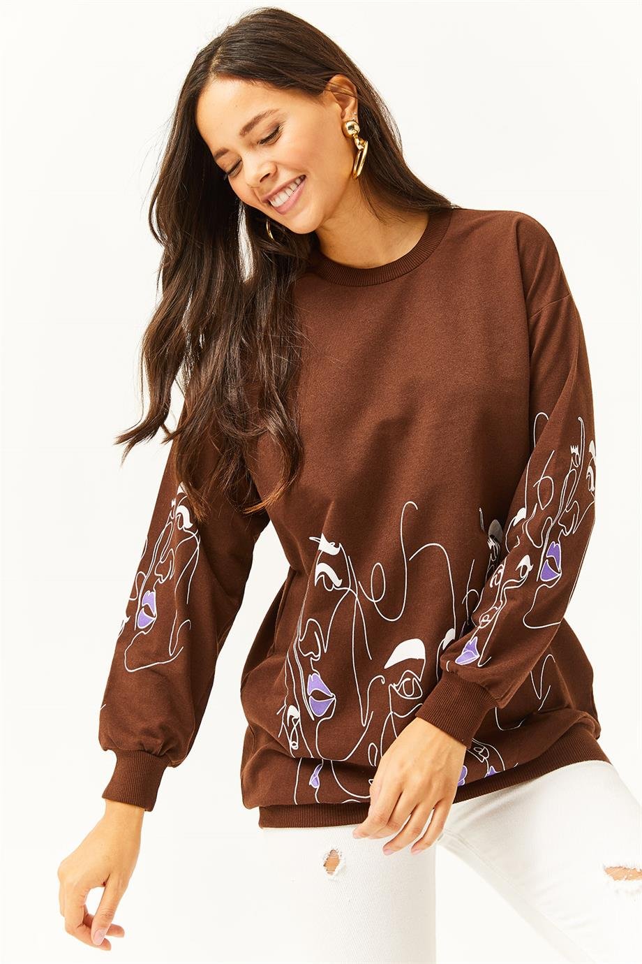 Yüz Figürlü Oversize Sweatshirt Acı Kahve