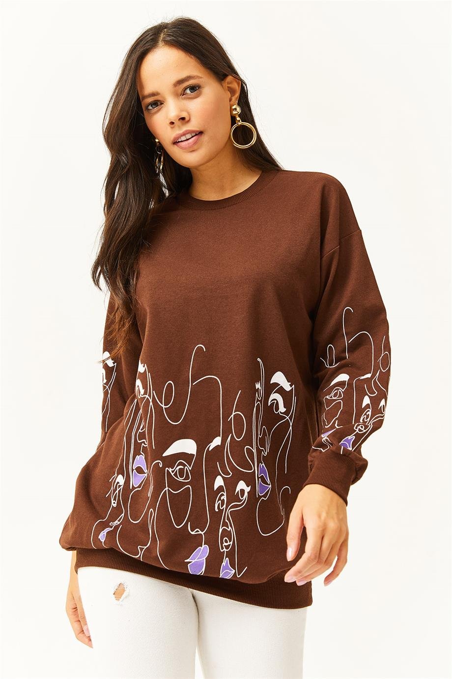 Yüz Figürlü Oversize Sweatshirt Acı Kahve